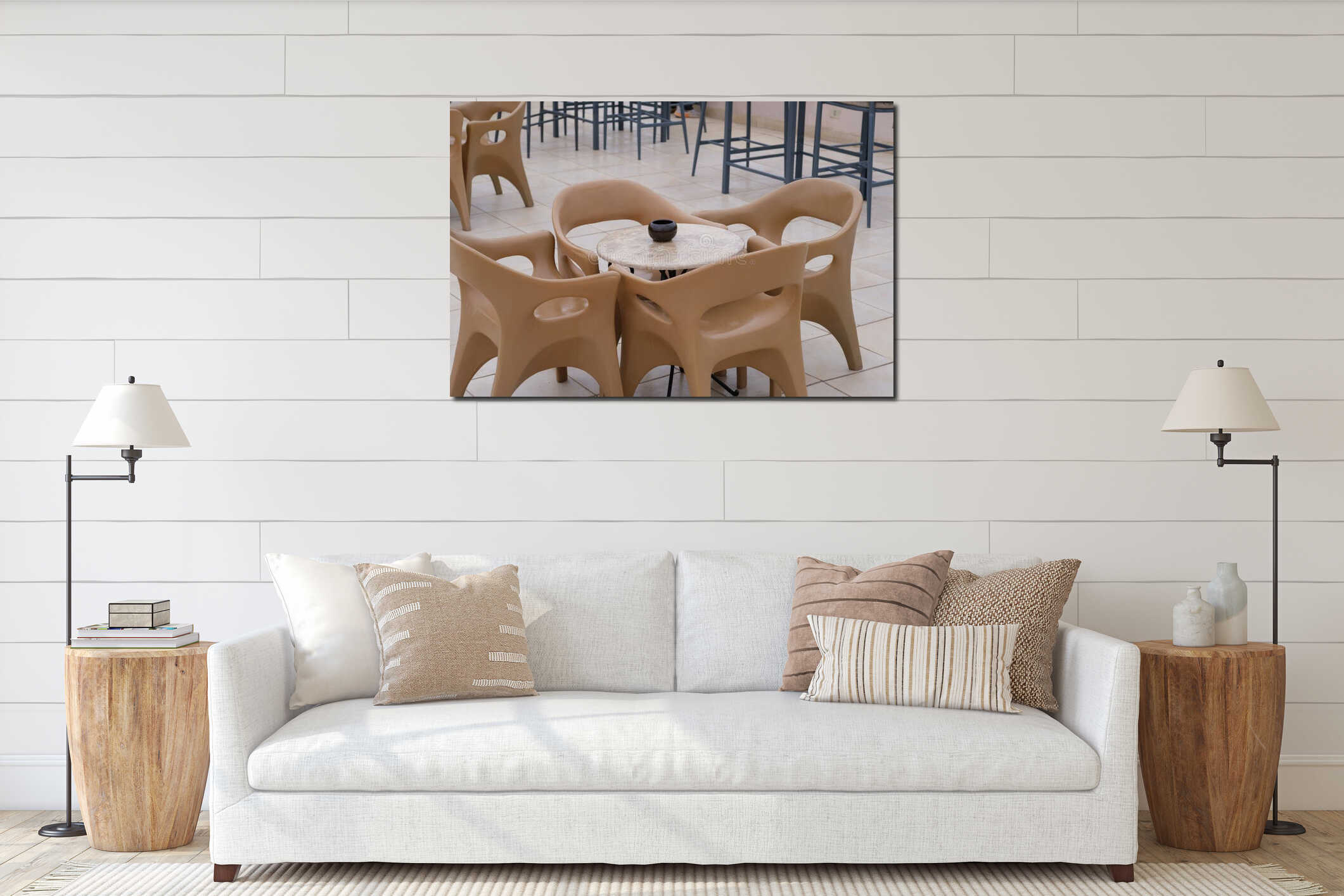 Modern outdoor seating arrangement with beige plastic chairs and a round marble table in a contemporary cafe setting interior mockup