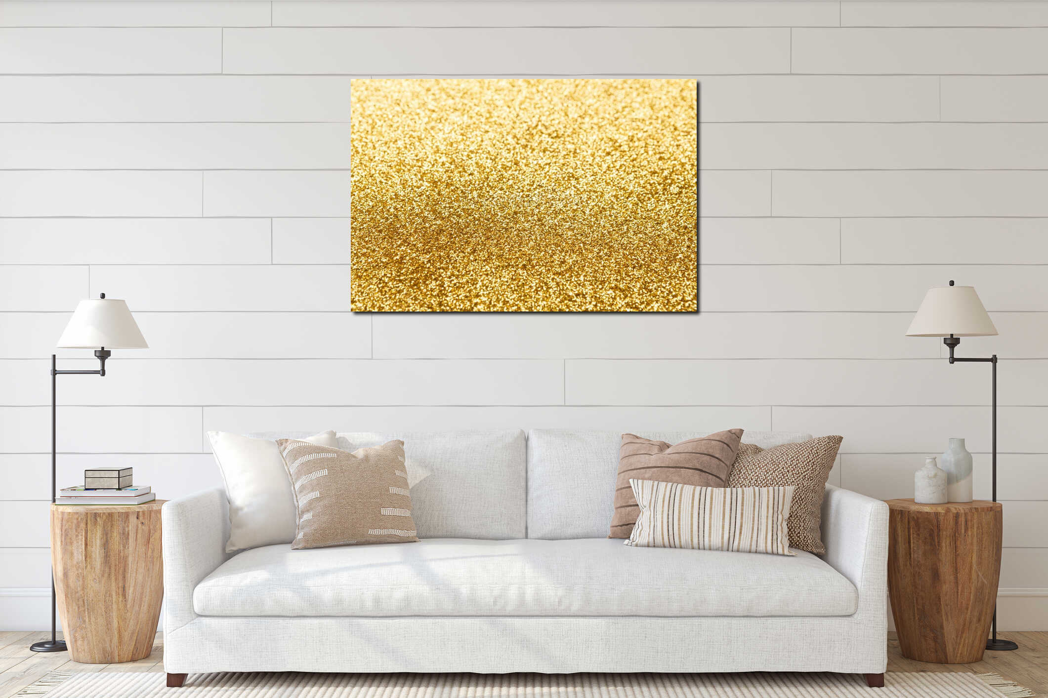 A Collage Shows Numerous Tiny Golden Glitter Particles Spread Across a Surface interior mockup