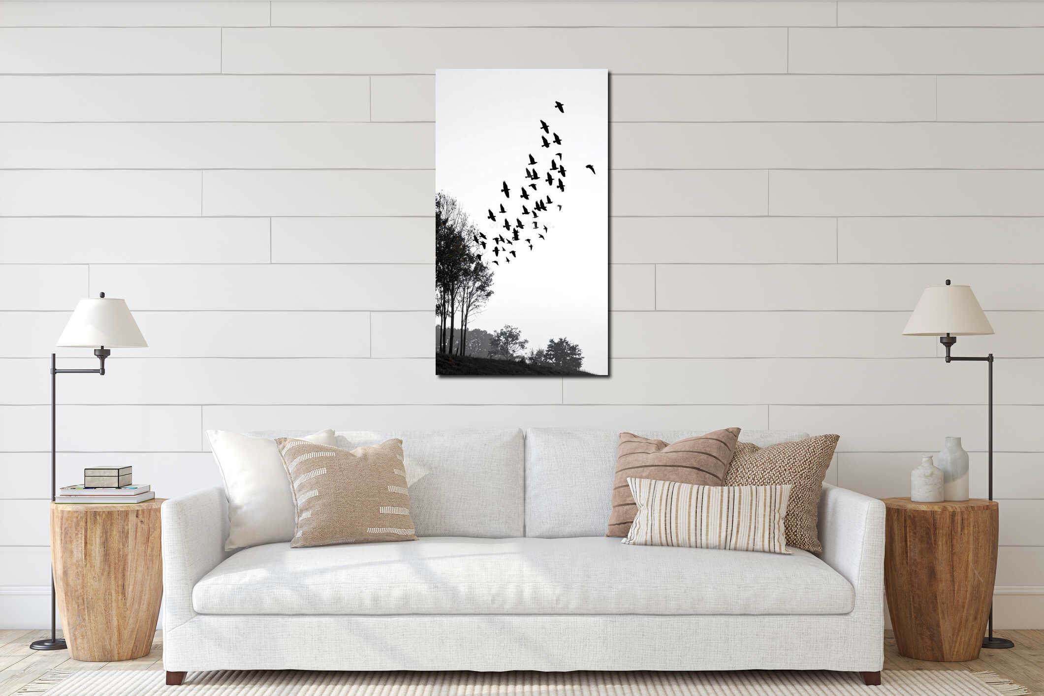 Silhouette of a flock of birds flying over trees against a bright sky interior mockup