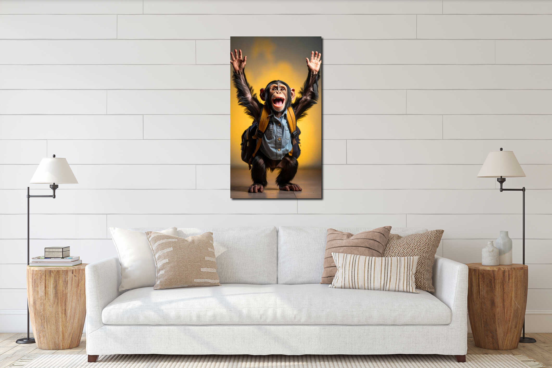 Excited chimpanzee with backpack and arms raised, studio portrait, yellow background. interior mockup