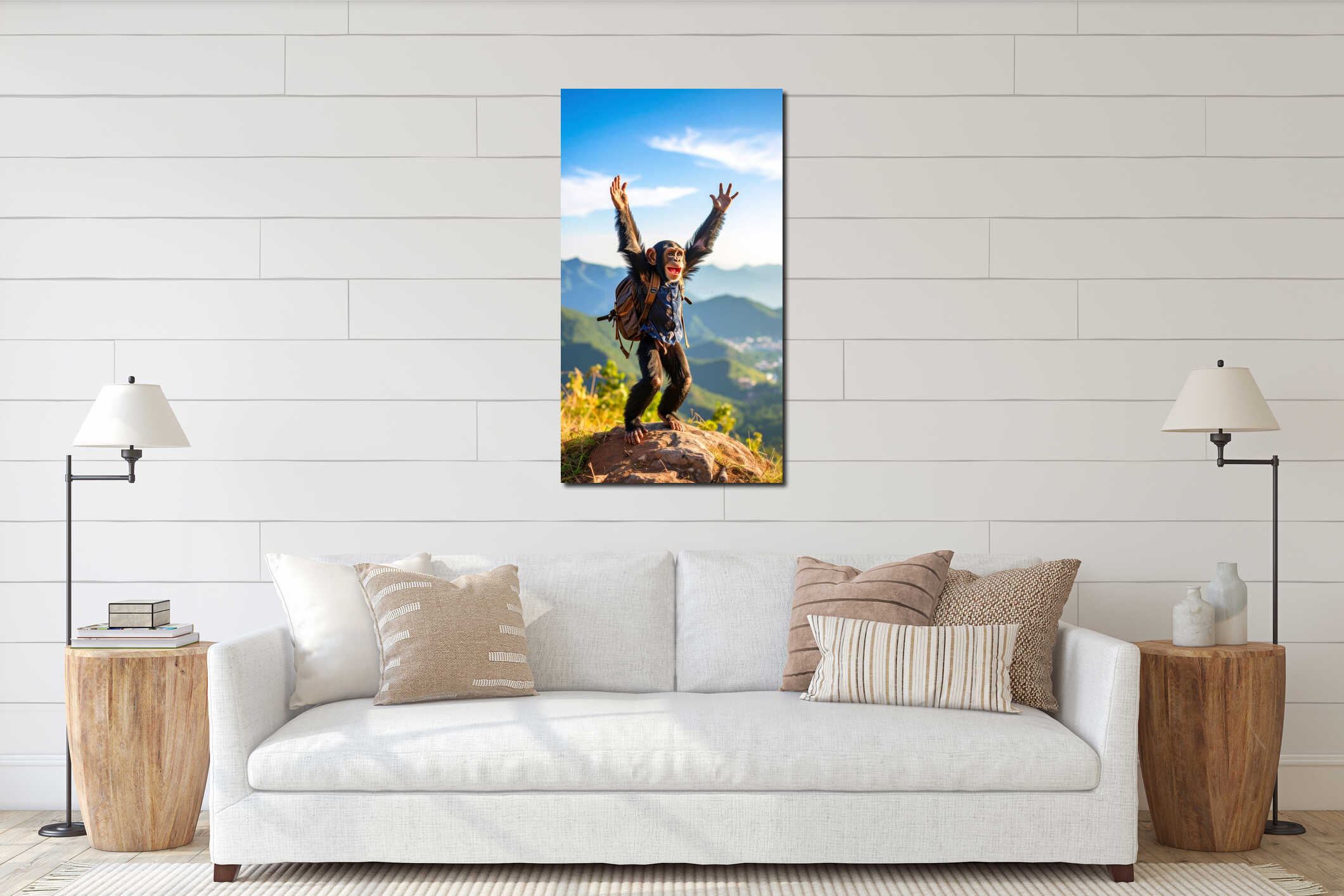 Chimpanzee with backpack standing atop a mountain, arms raised in joy. interior mockup