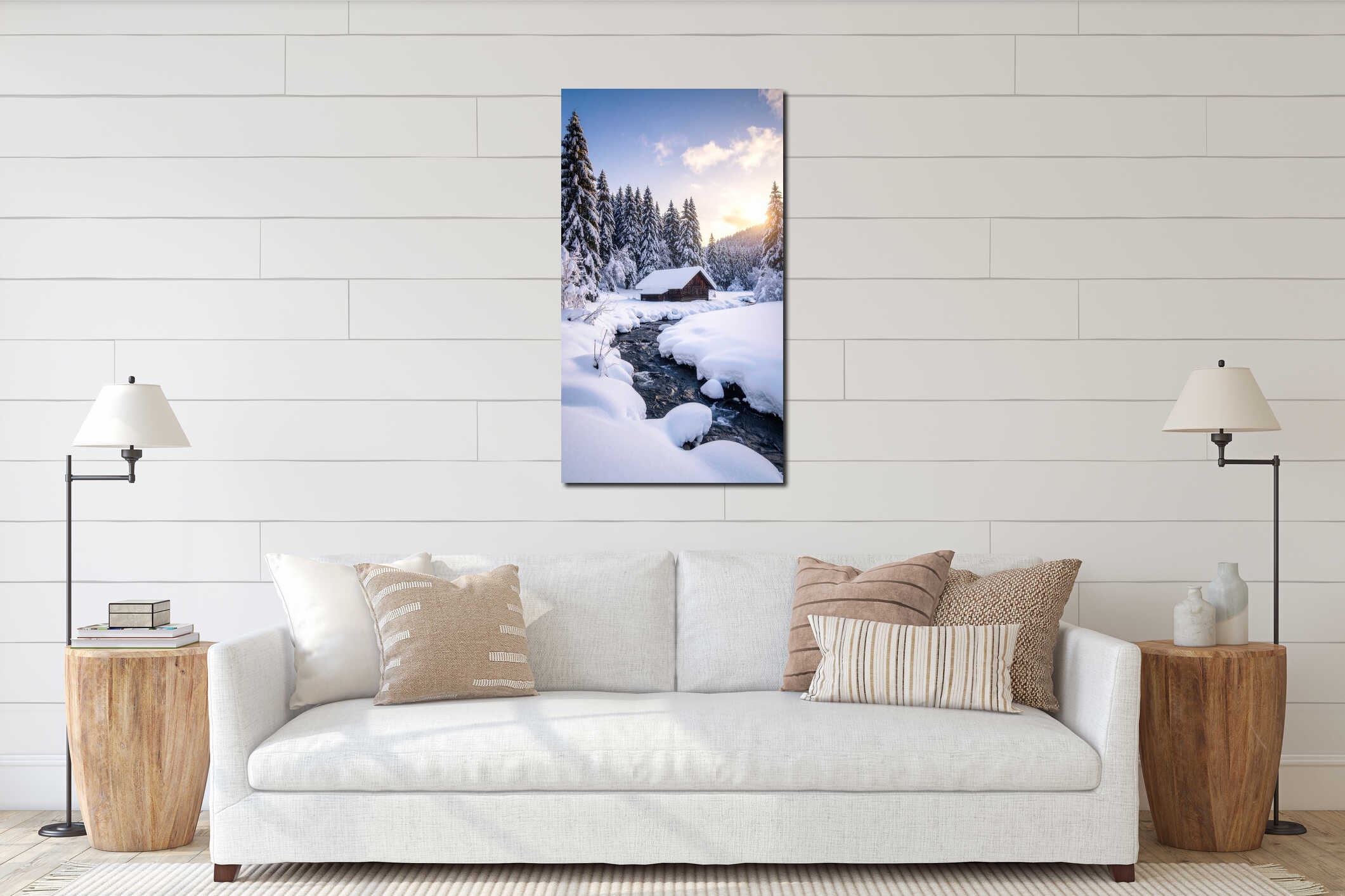 Winter landscape with snow covered trees and a wooden cabin near a stream at sunset interior mockup