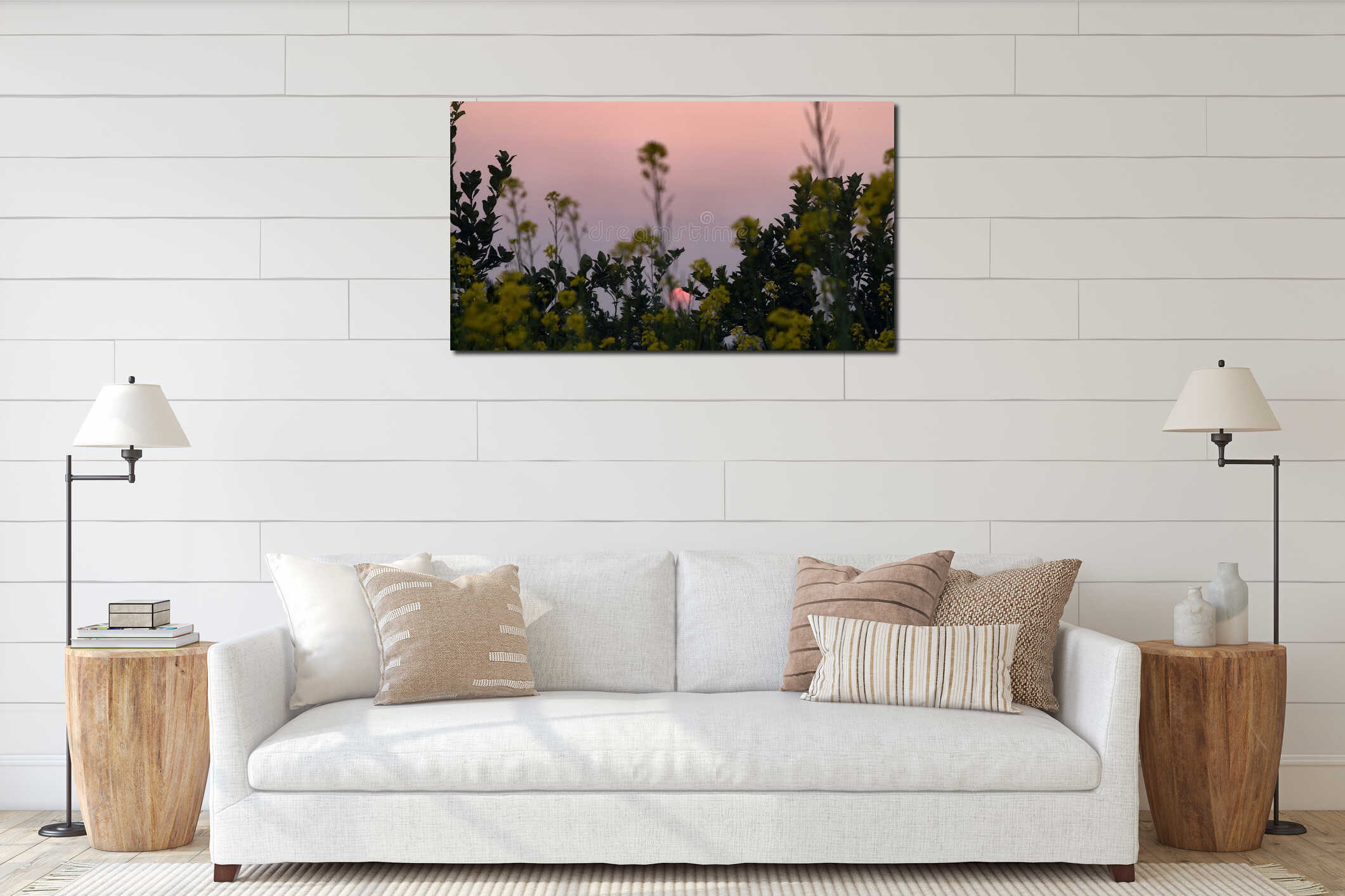 Beautiful wildflower meadow at twilight, soft pink sky, delicate foliage, peaceful evening, natural landscape interior mockup