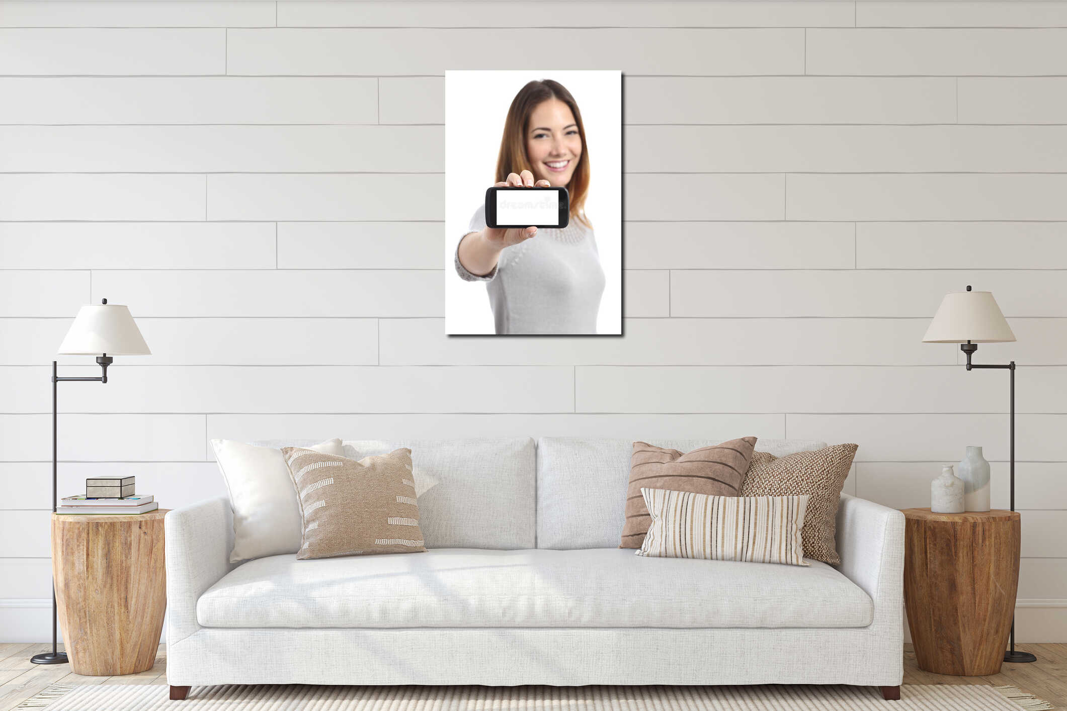 Happy woman showing a horizontal smart phone screen app interior mockup