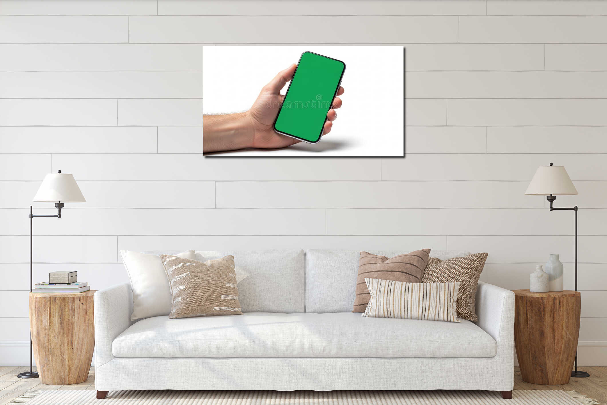 Ultra-realistic close-up of a modern smartphone held vertically by a professional hand, bright chroma key green screen display interior mockup