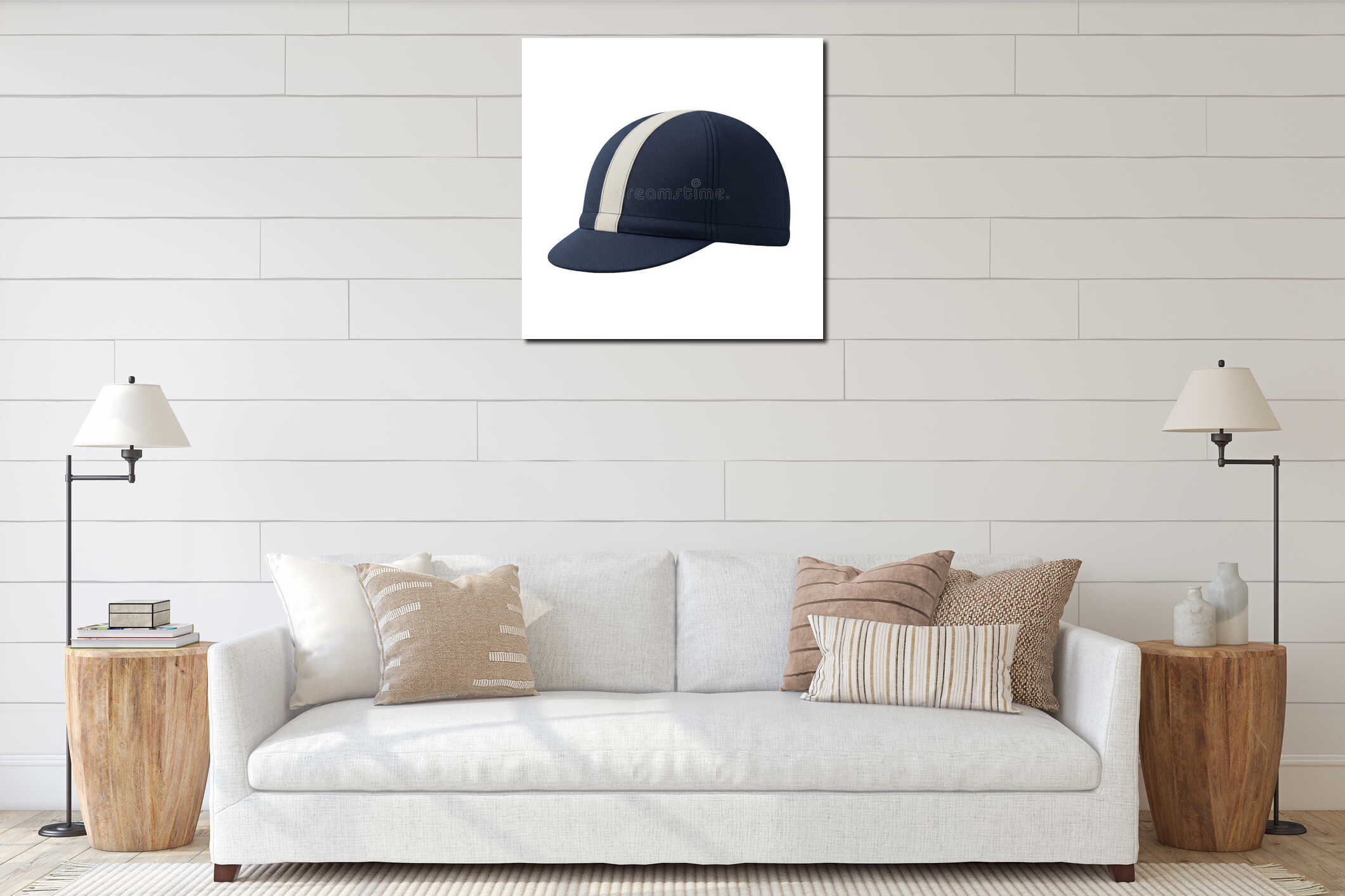 Dark blue cycling cap with white stripe classic vintage style racing hat for bike riders interior mockup