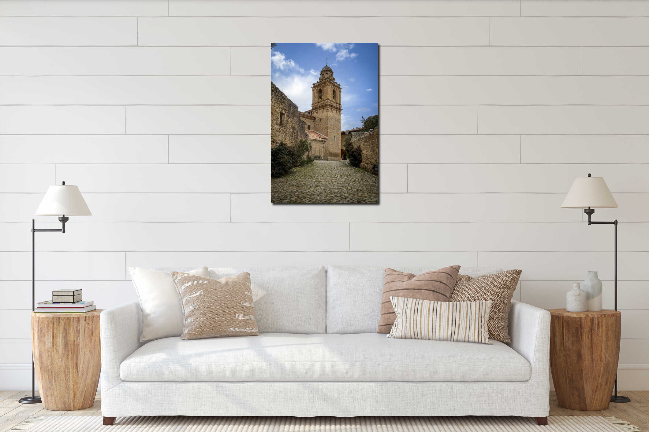 Vertical photo of the bell tower of the church of Santa Margarita in Mirambel interior mockup