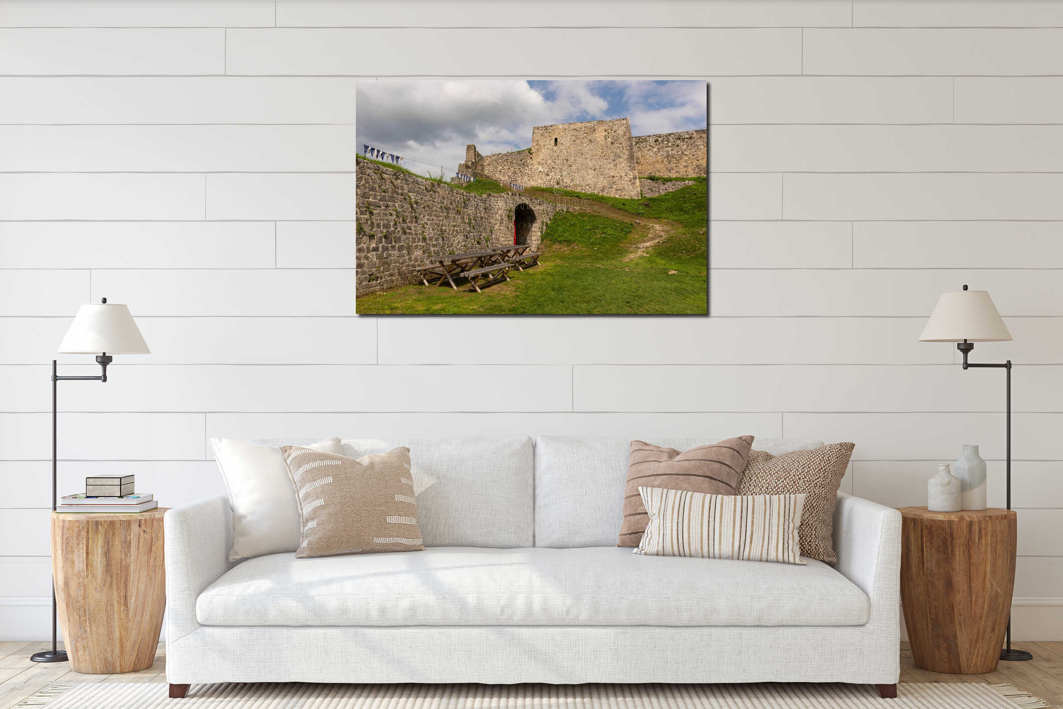 Jajce fortress wall with picnic tables and entrance, Bosnia and Herzegovina interior mockup