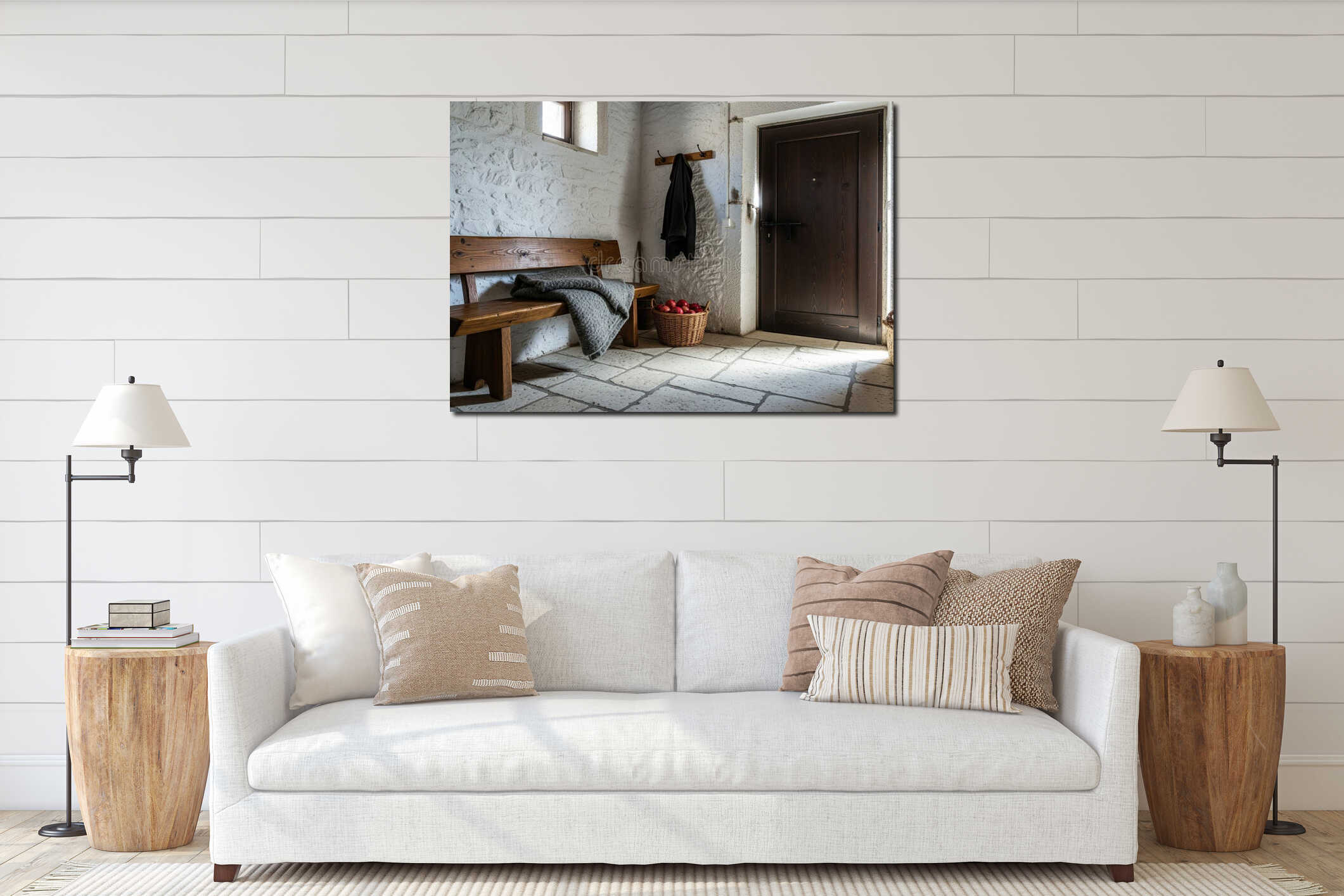 Rustic hallway interior with wooden bench and basket of pomegranates on white stone floor interior mockup