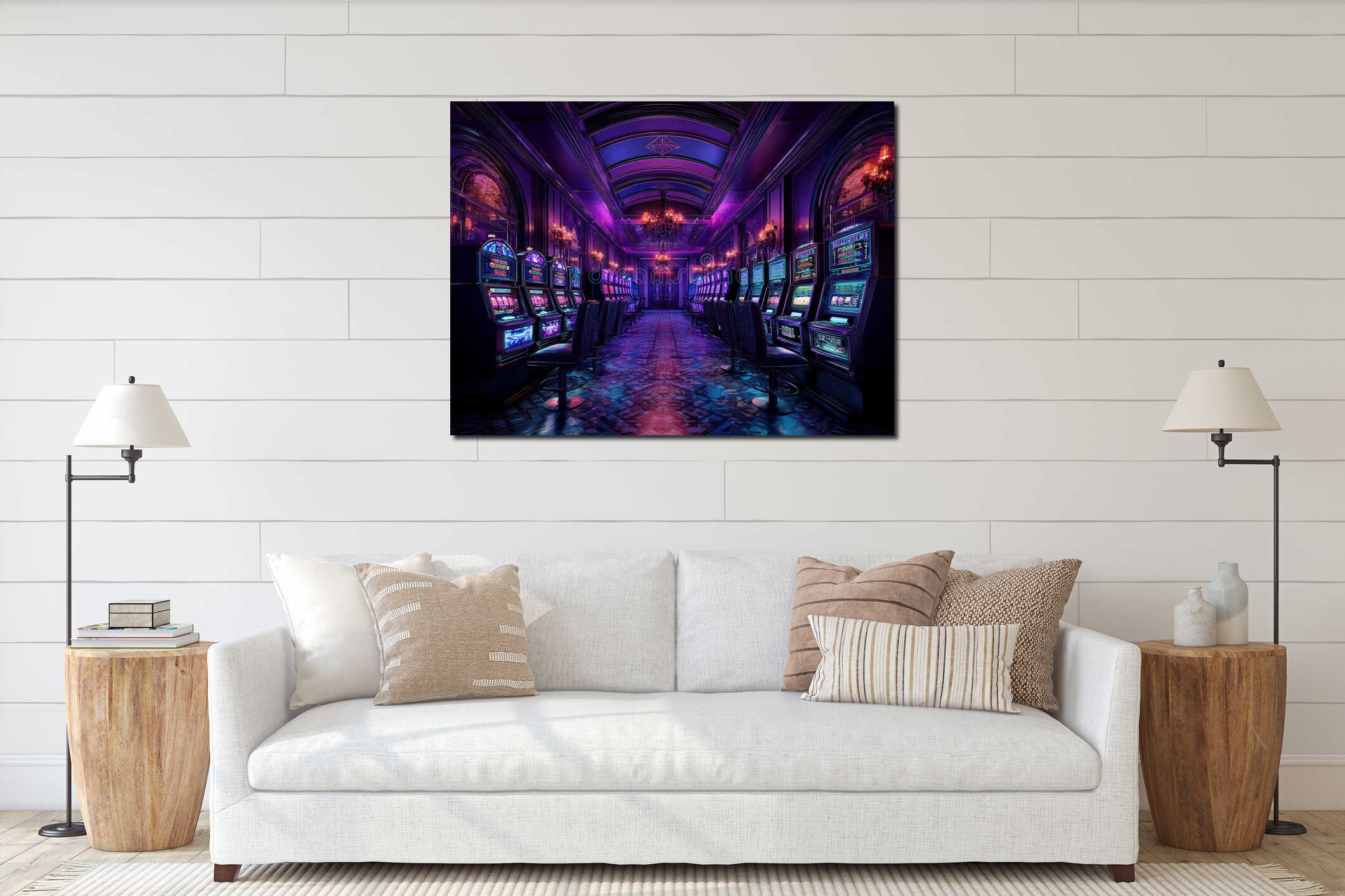 Luxurious casino room, high ceilings, grand architectural elements, patterned carpet, numerous slot machines, soft lighting interior mockup