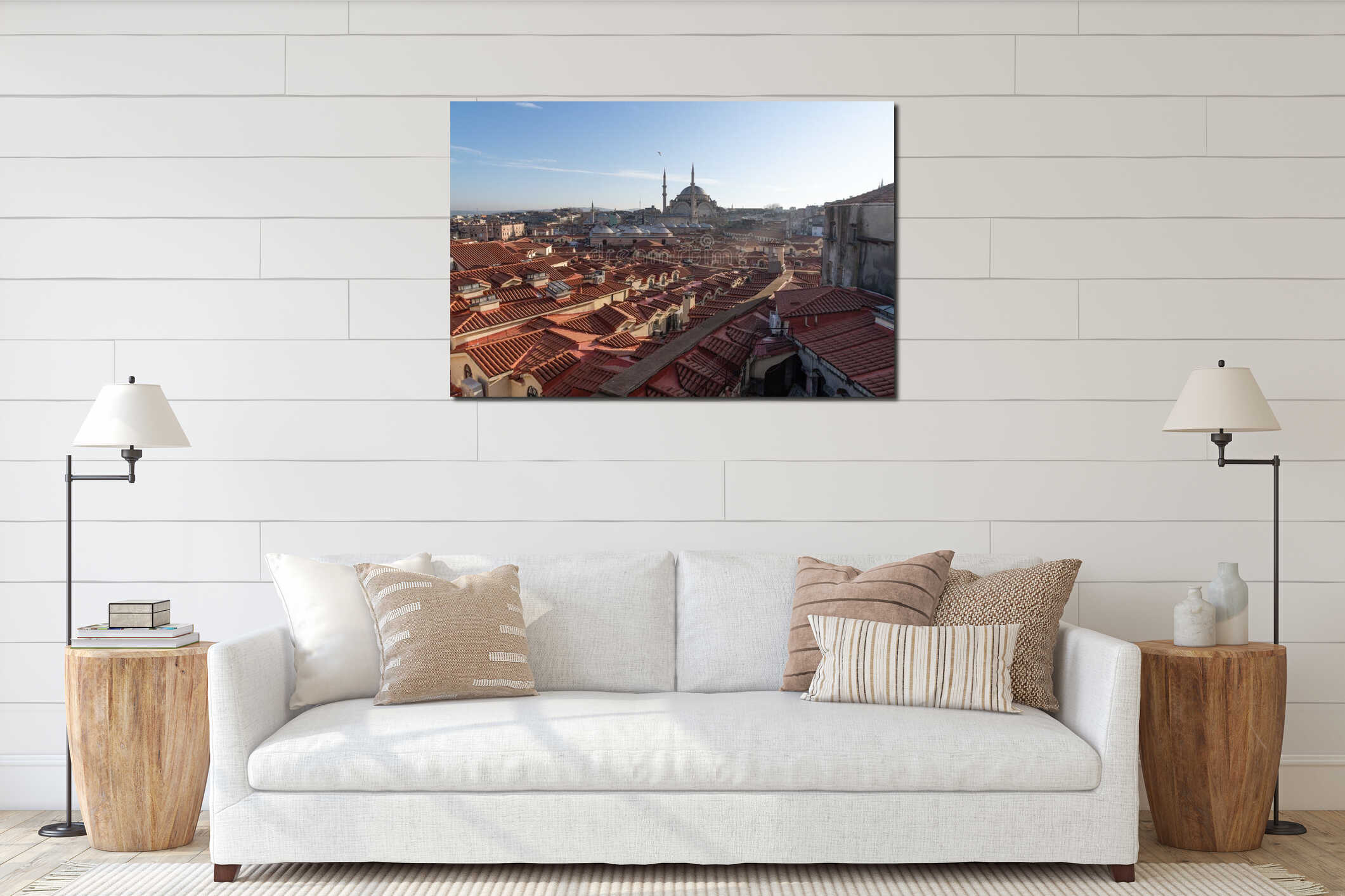 Istanbul Skyline Mosque Rooftops: Panoramic view showcasing historical architecture, daytime, tourism. interior mockup