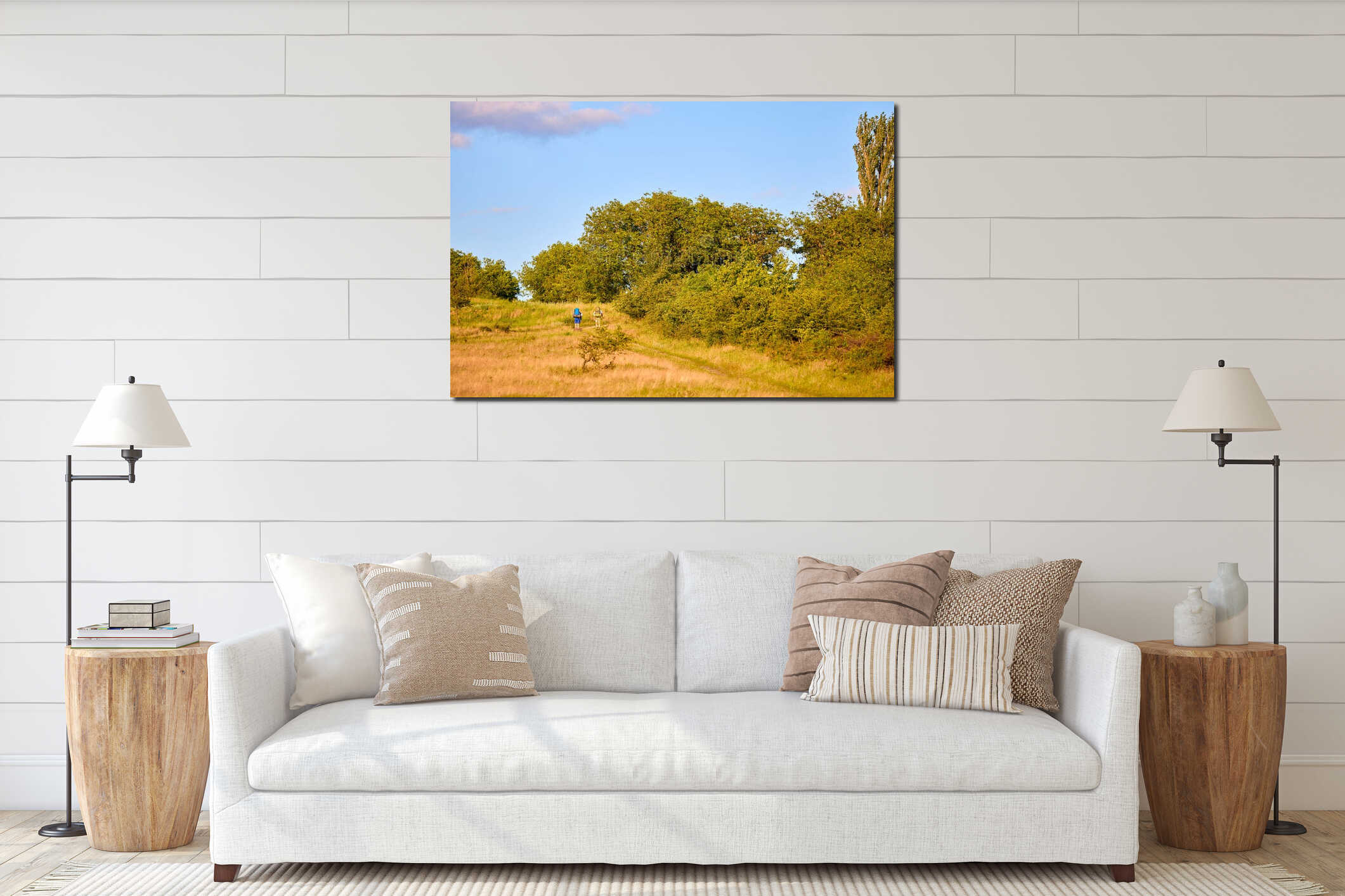 Two hikers exploring scenic nature trail during golden hour interior mockup