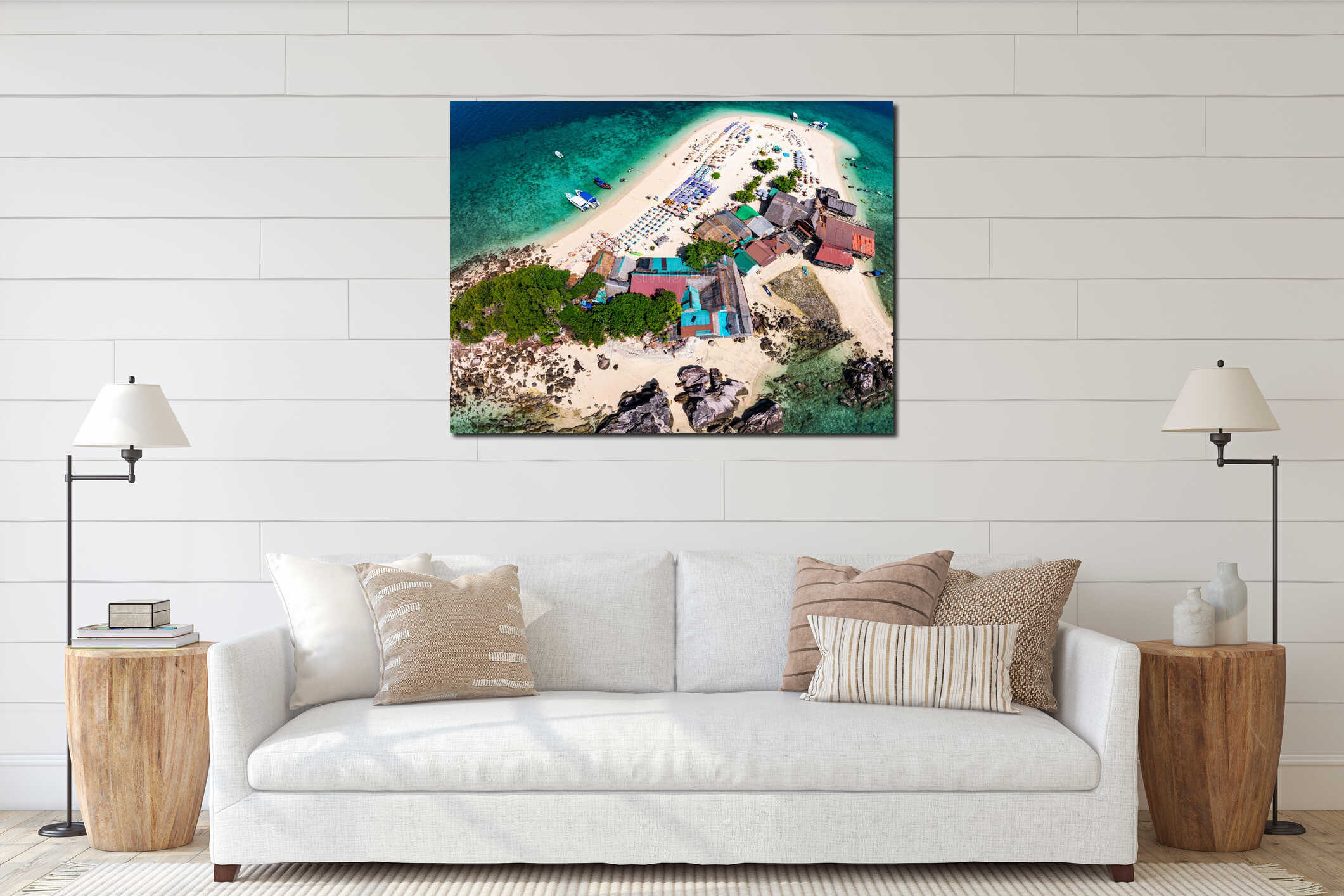 Drone aerial view shot of Tropical sea with beautiful small island in Phuket Thailand interior mockup