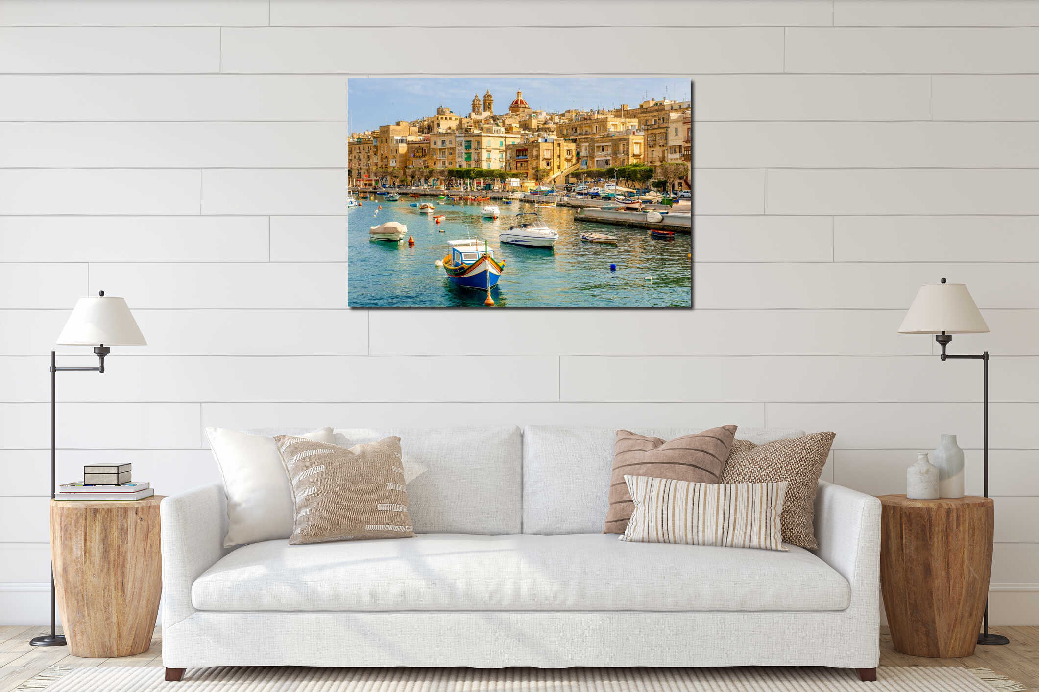 Boats Floating Against Valletta City Background Malta interior mockup