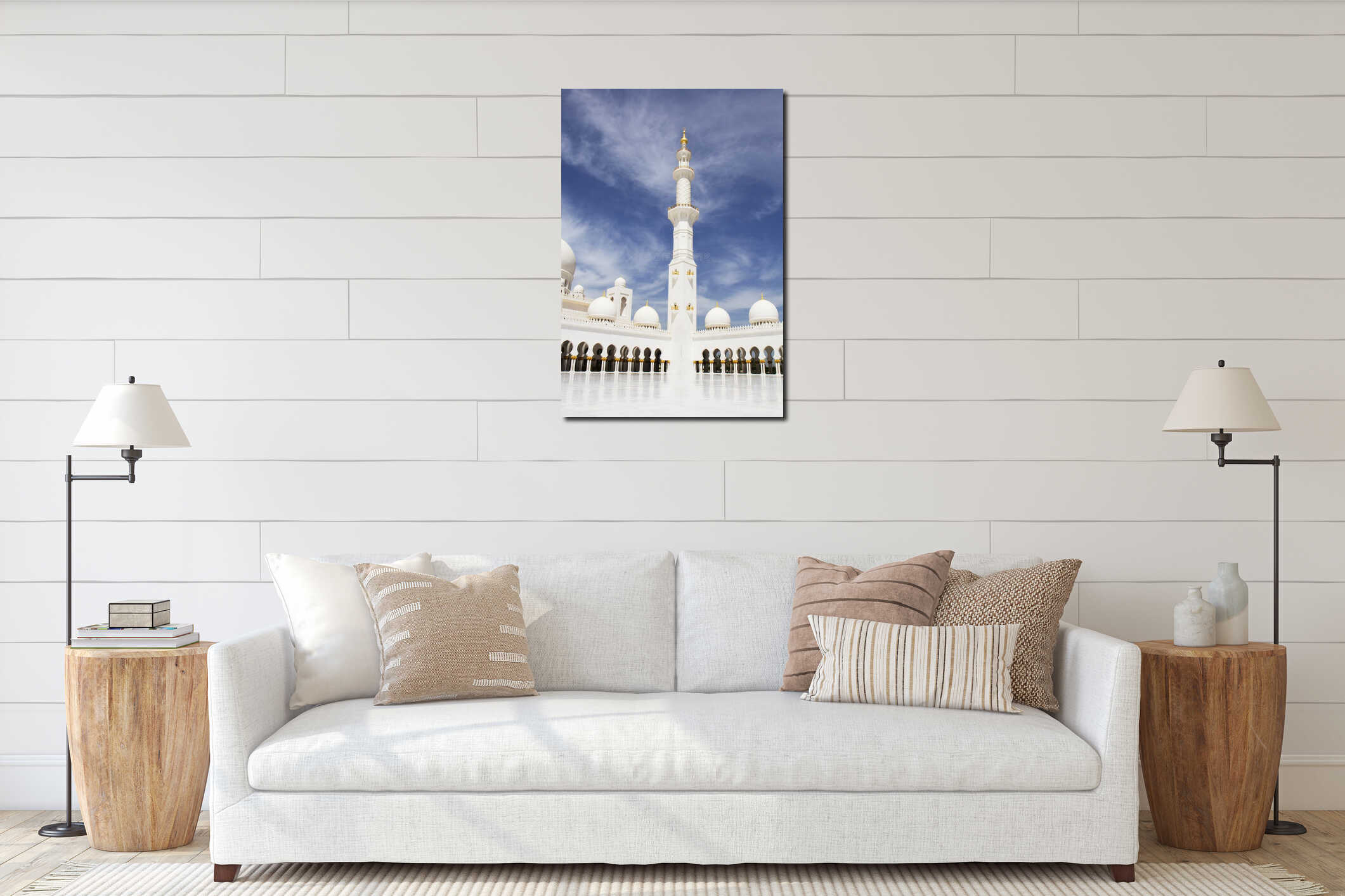 The White minarets of the mosque of Abu Dhabi. The UAE. interior mockup