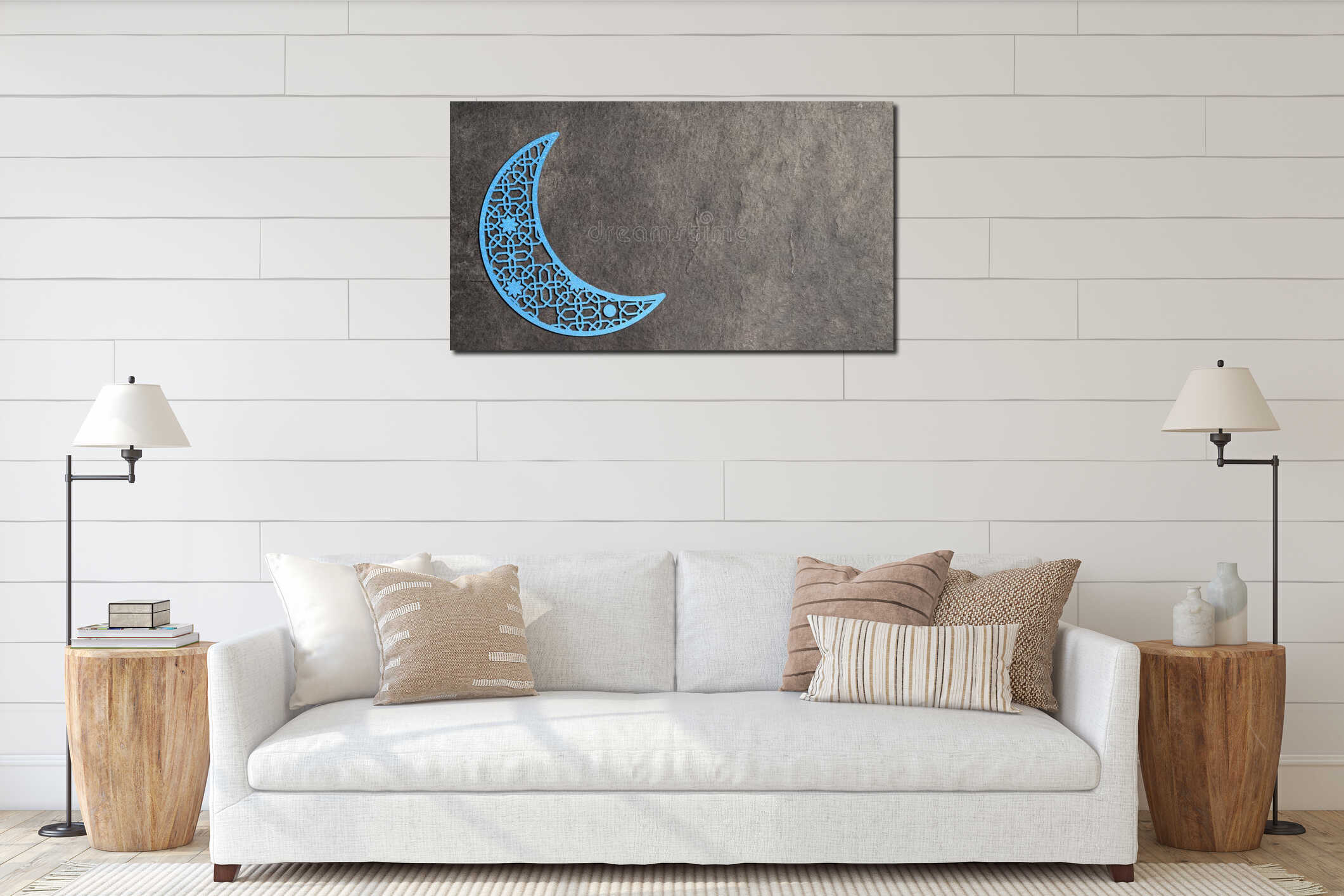 A decorative blue glittery crescent moon featuring an intricate geometric pattern, placed on a dark textured stone background. interior mockup