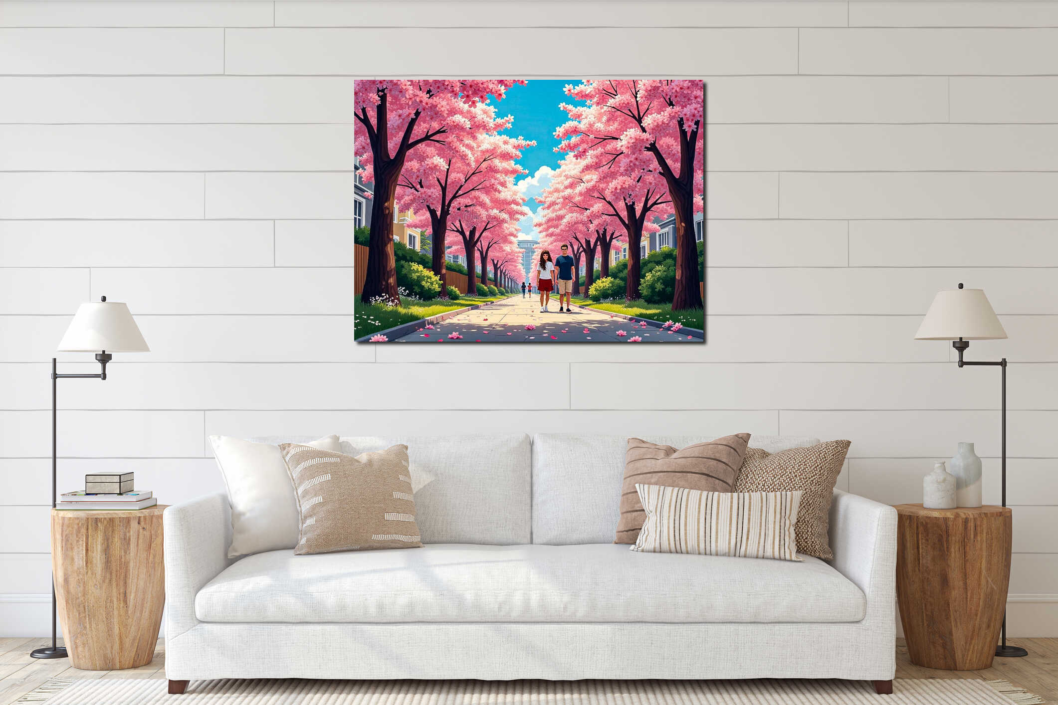 Romantic Cherry Blossom Street Walk in Suburban Neighborhood interior mockup