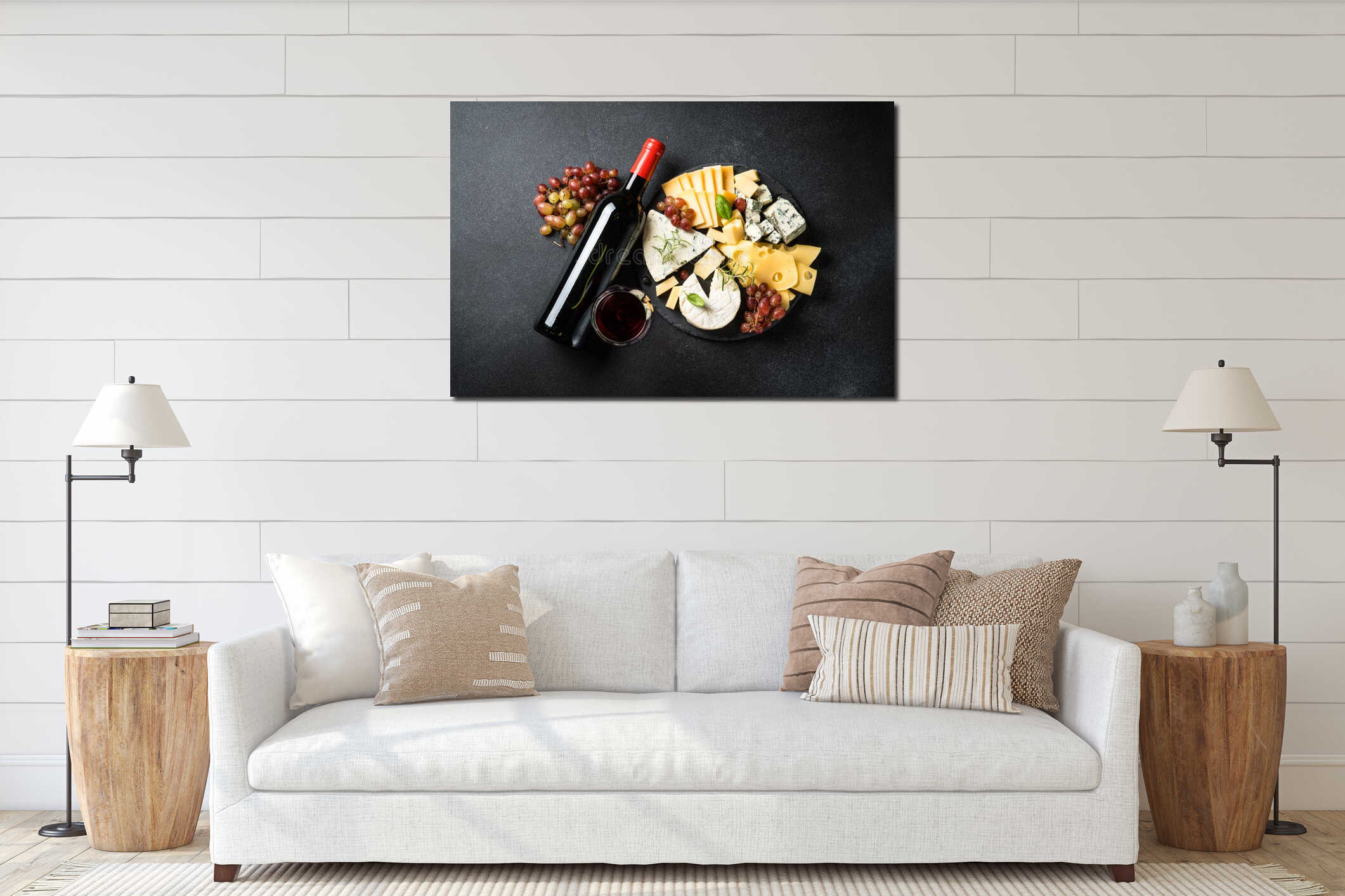 Cheese platter and red wine on black background. interior mockup
