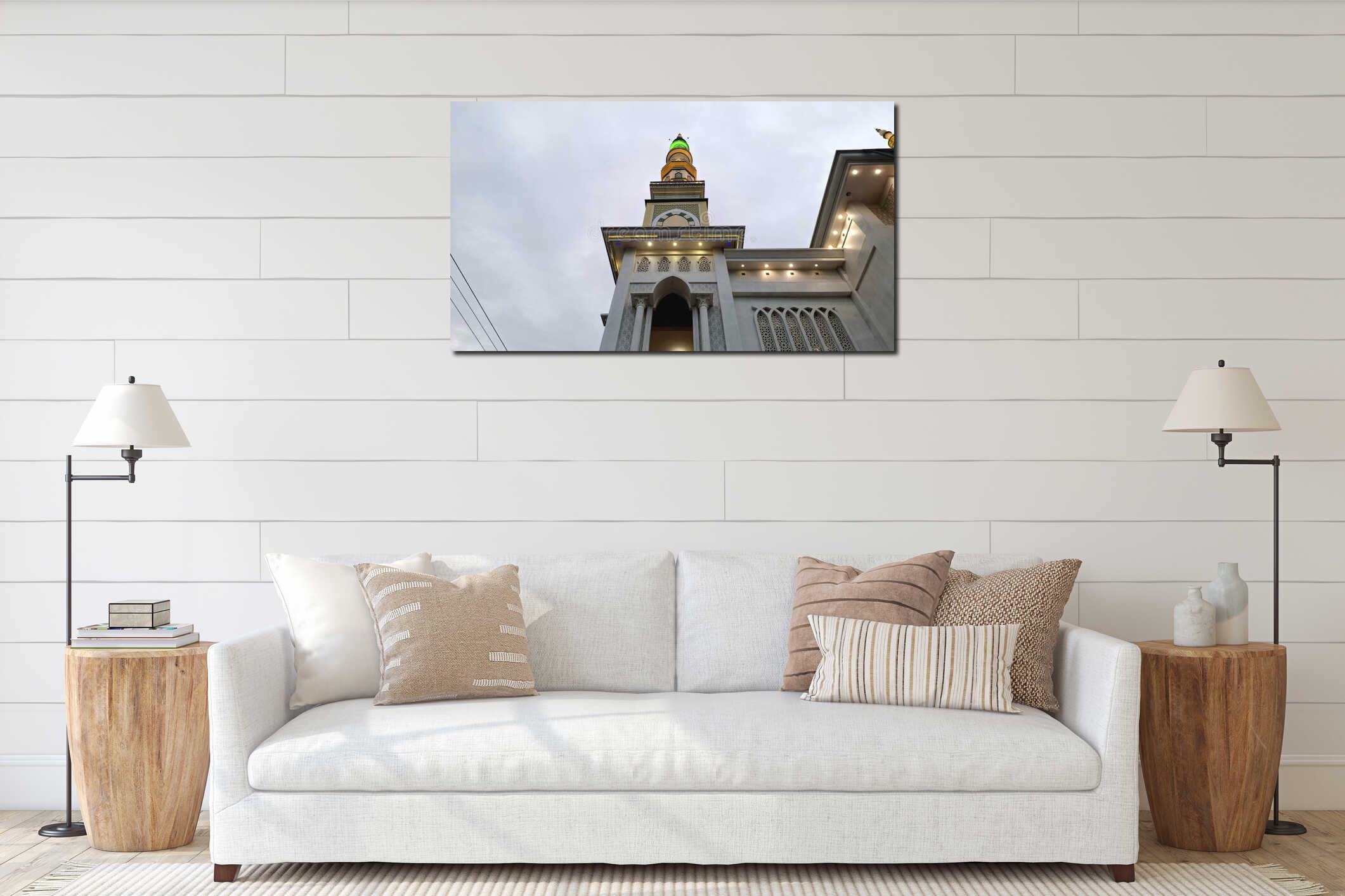 Mosque minaret Islamic architecture low angle view of a grand masjid facade with warm lighting under a cloudy sky suitable interior mockup