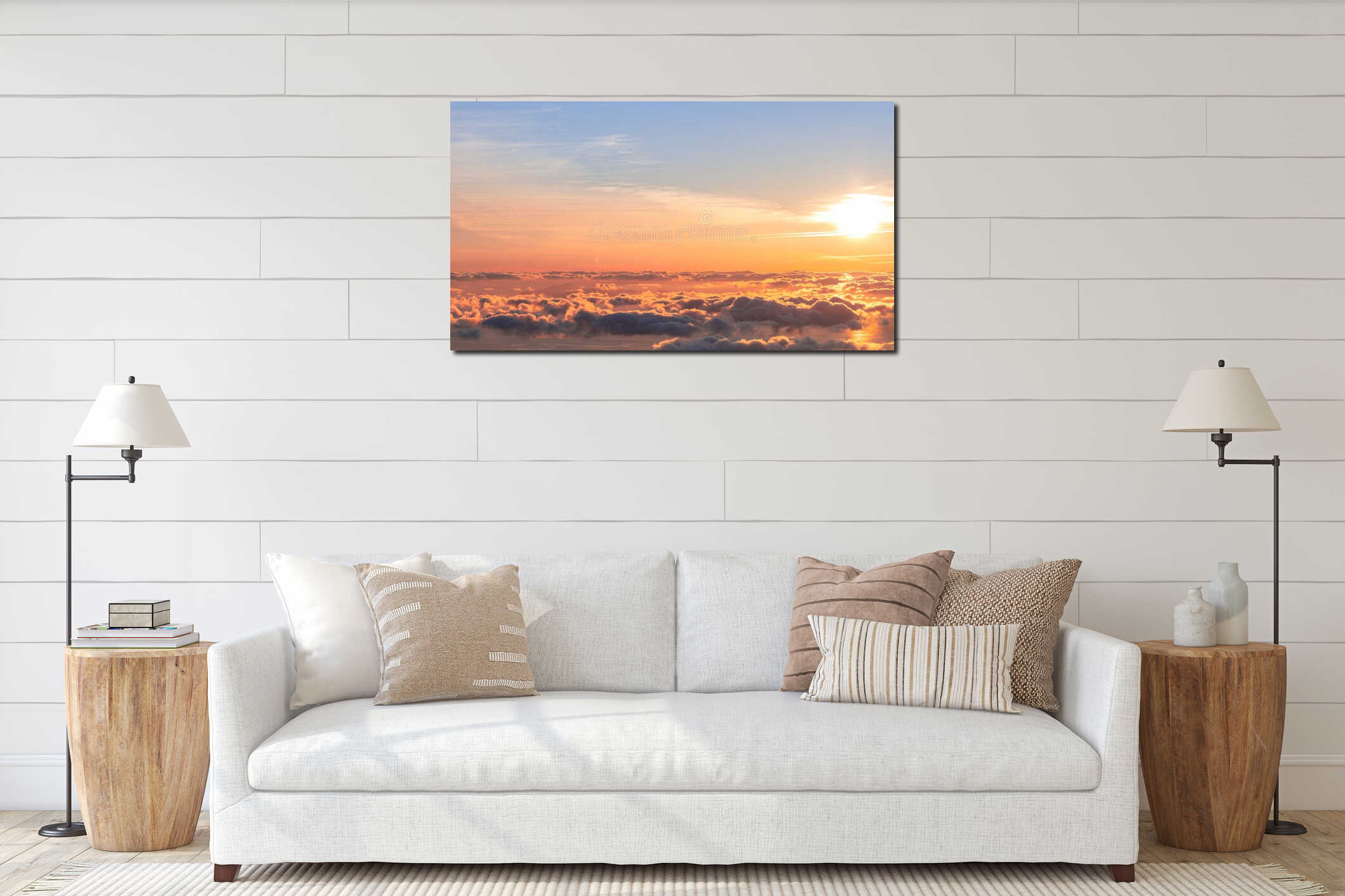 Warm dawn light over endless cloudscape above calm sea horizon, smooth color gradients for visual design interior mockup