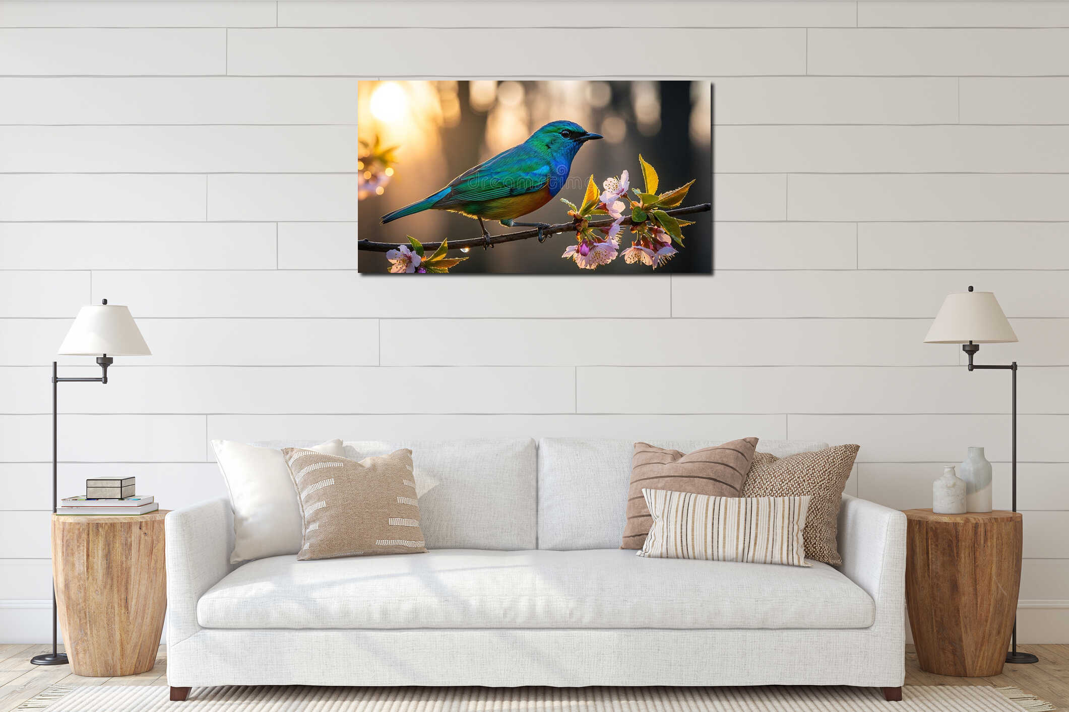 Vibrant Iridescent Bird on Cherry Blossom Branch at Golden Hour interior mockup