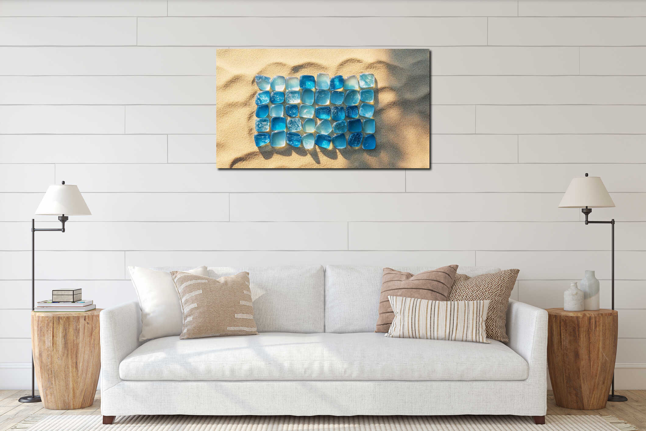 A Beautiful Square of Blue Sea Glass Resting Gently on a Soft Sandy Beach Under Bright Sunlight interior mockup