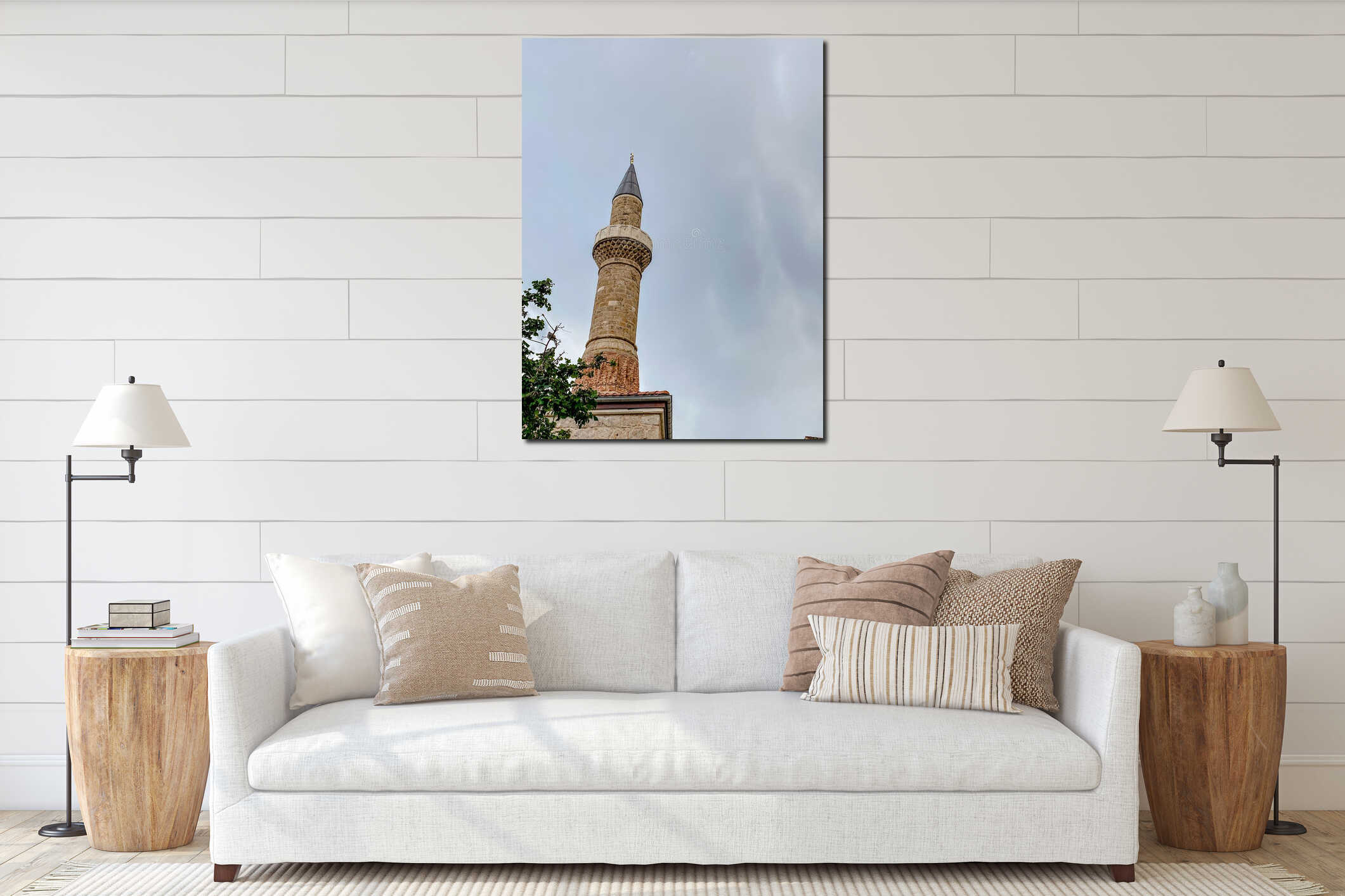Stone Minaret in Old Town Antalya Against Dramatic Sky interior mockup