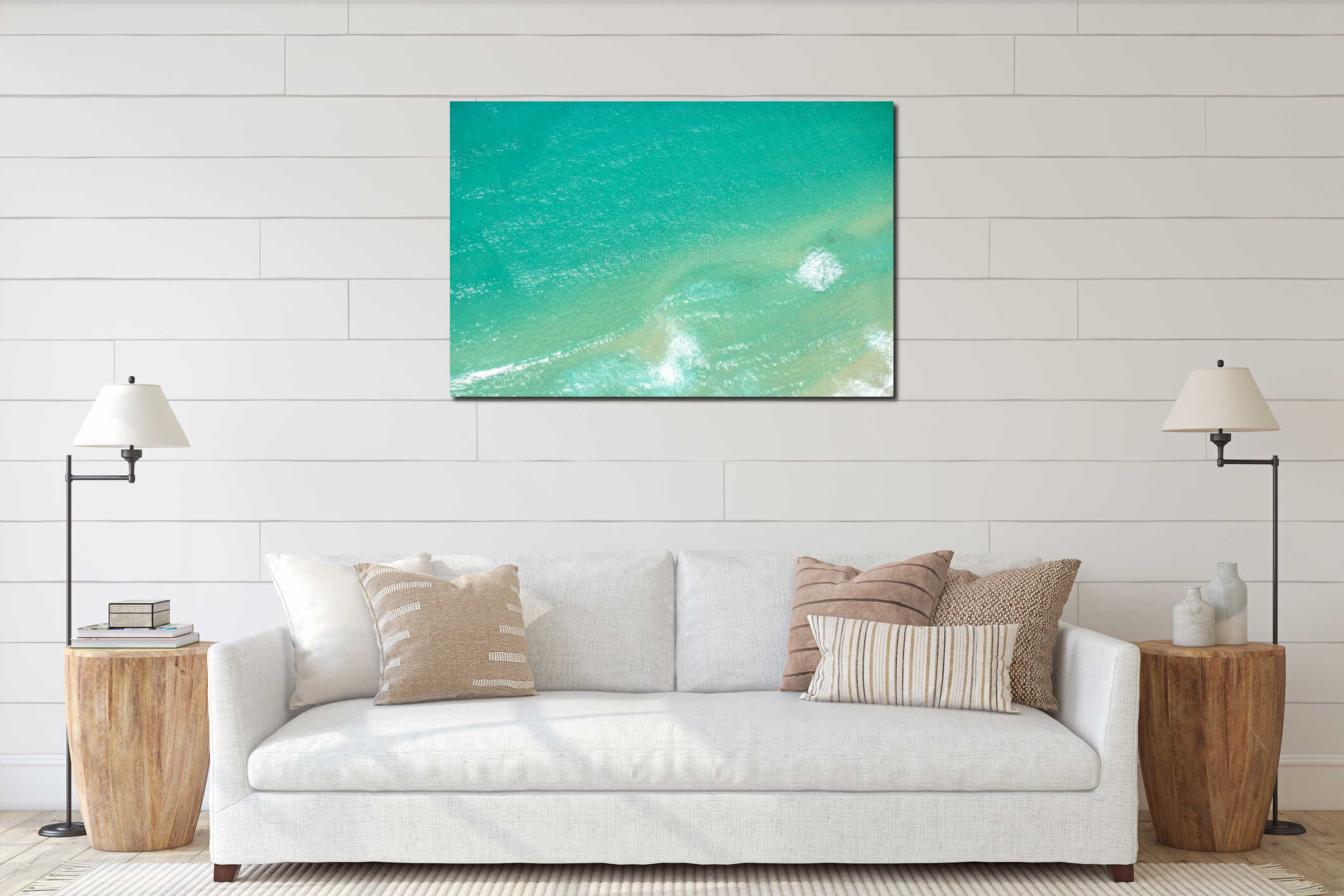 Aerial coastal scene below green sea along Queensland waterfront interior mockup