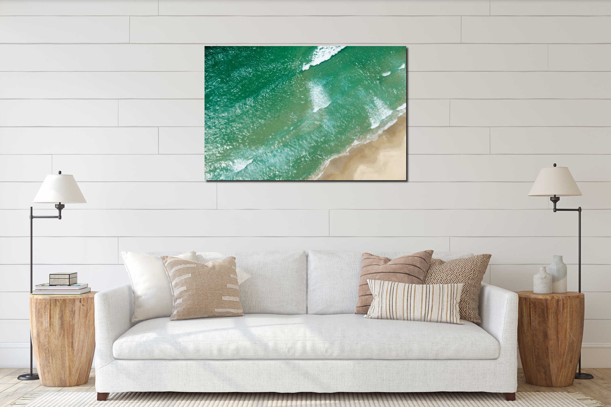 Aerial coastal scene below green sea along Queensland waterfront interior mockup