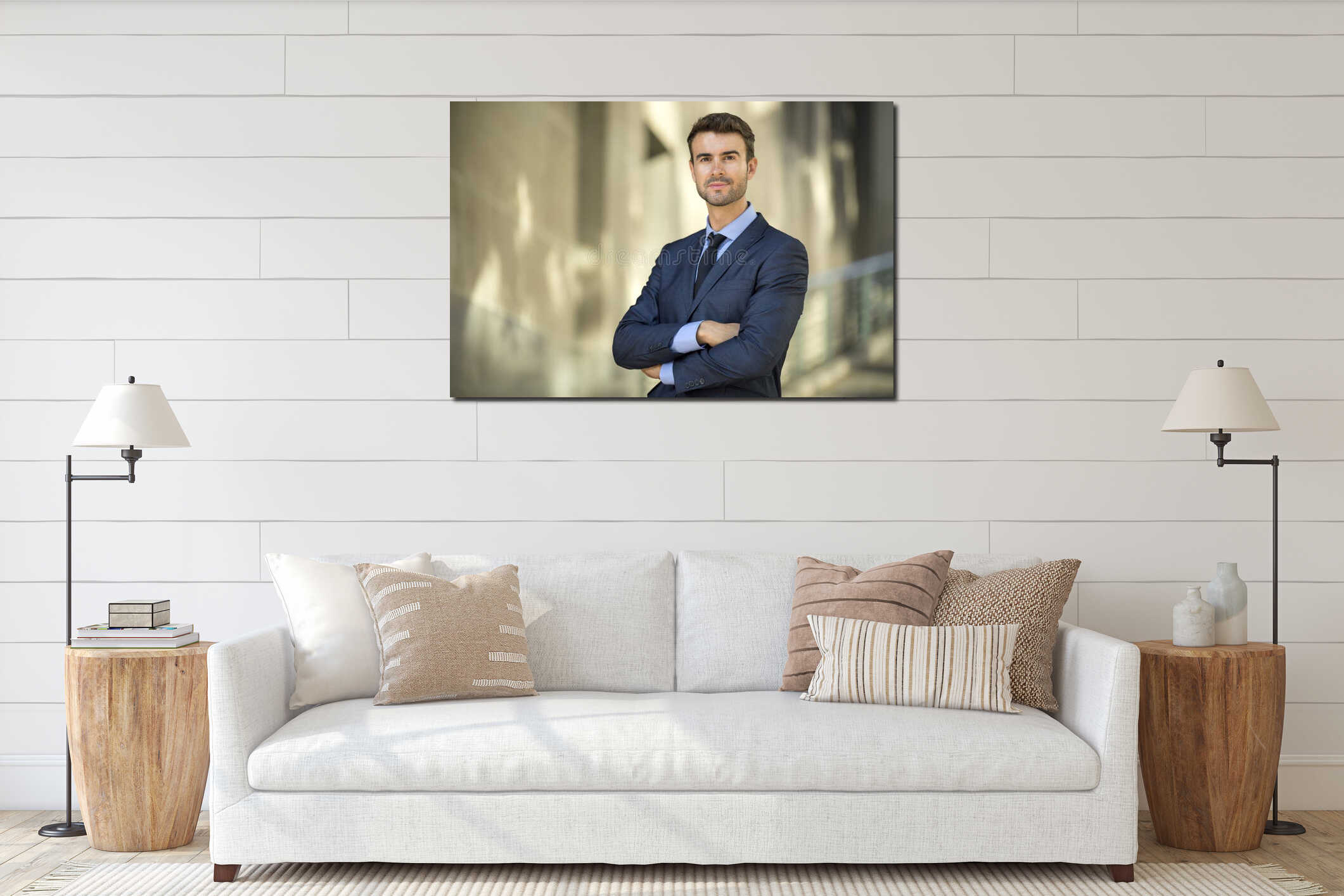 Business man standing confident with smile portrait interior mockup