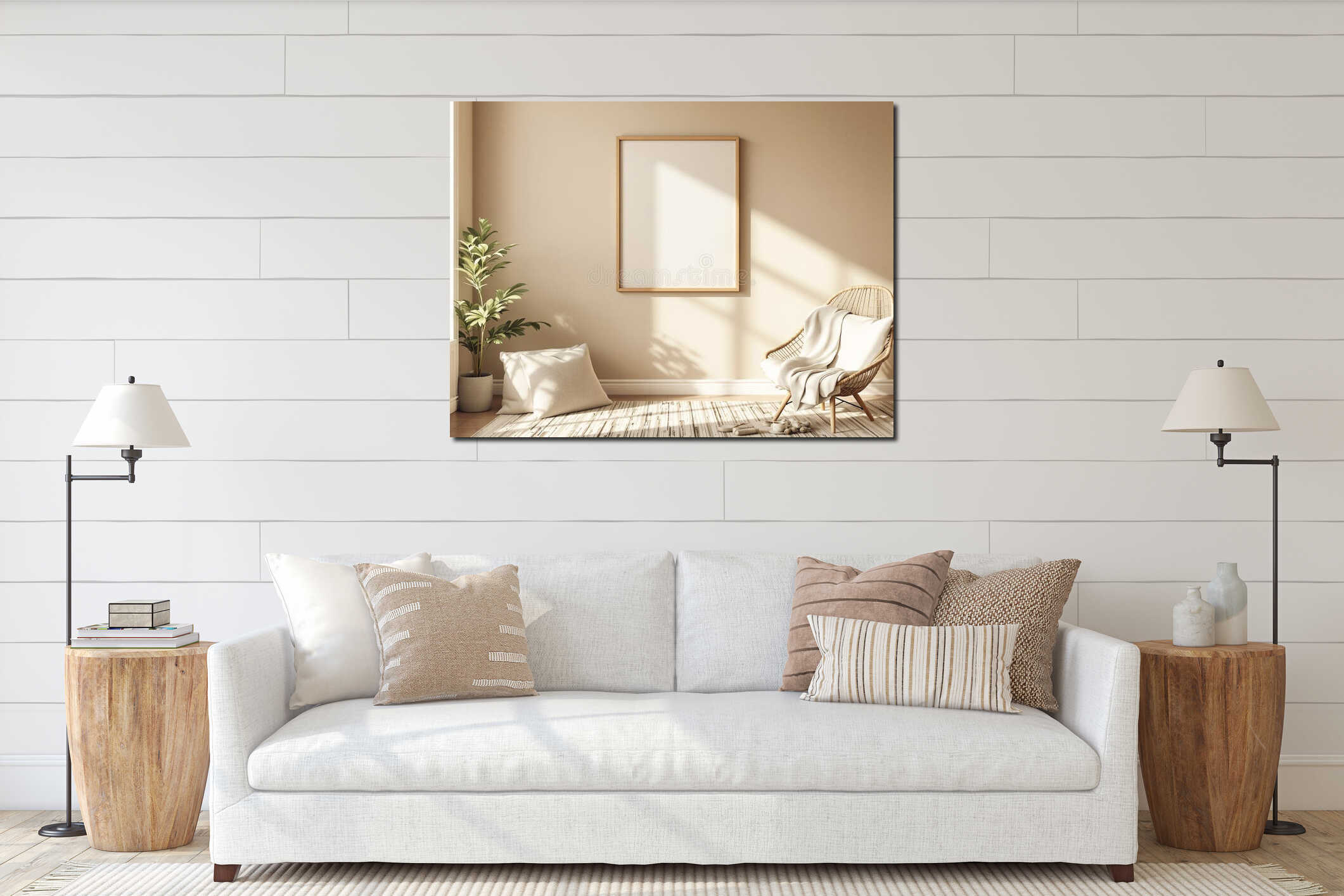 Sunny Interior with Empty Picture Frame and Wicker Chair interior mockup