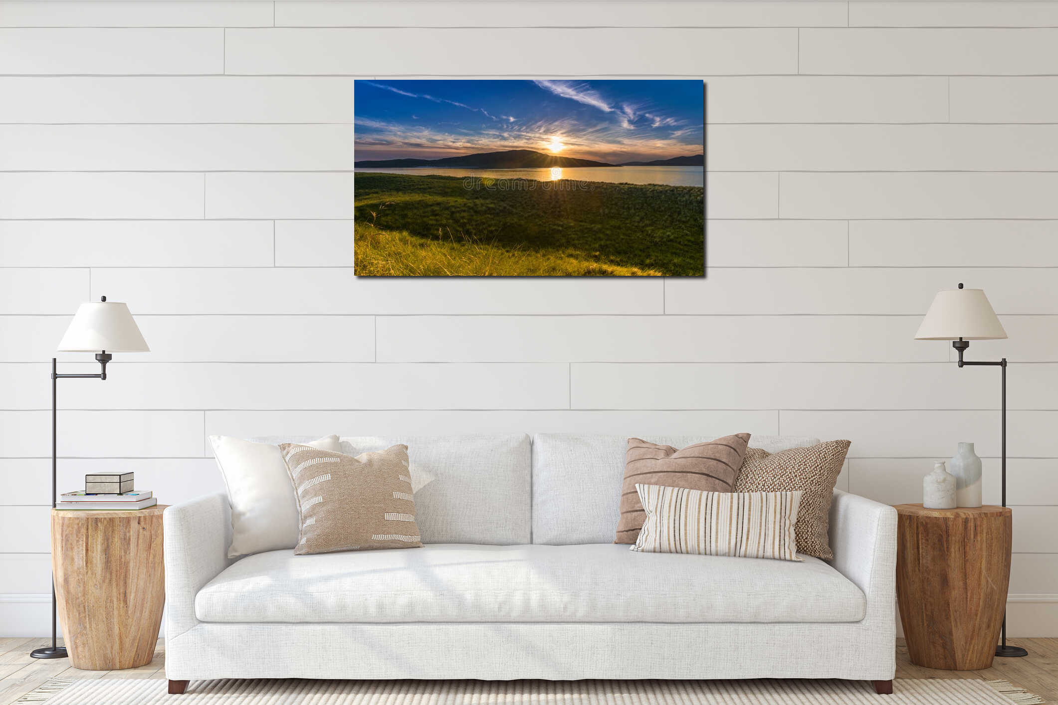 Gorgeous sunset on the beach. interior mockup