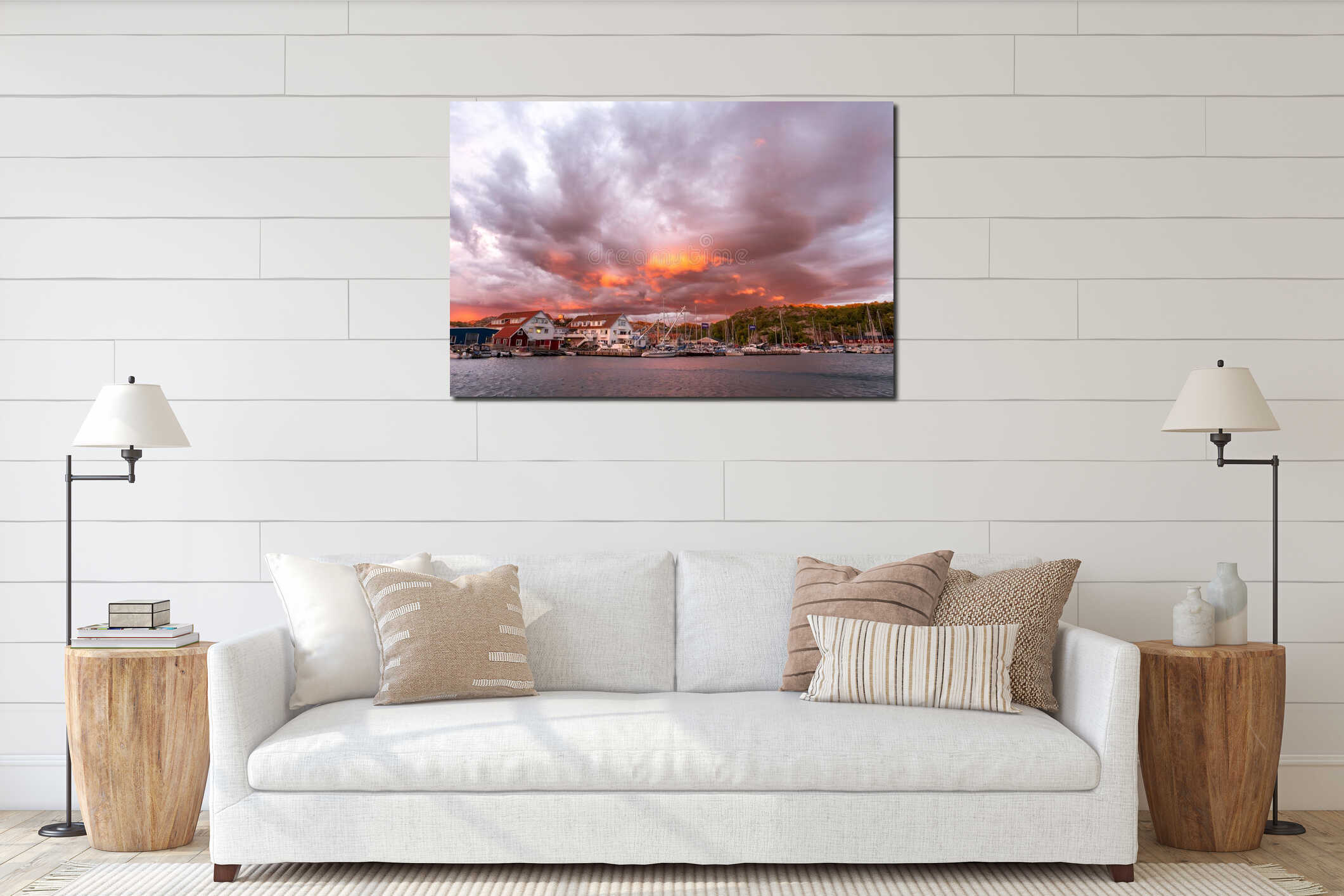 Hamburgsund, Sweden harbor with boats under dramatic sunset clouds interior mockup