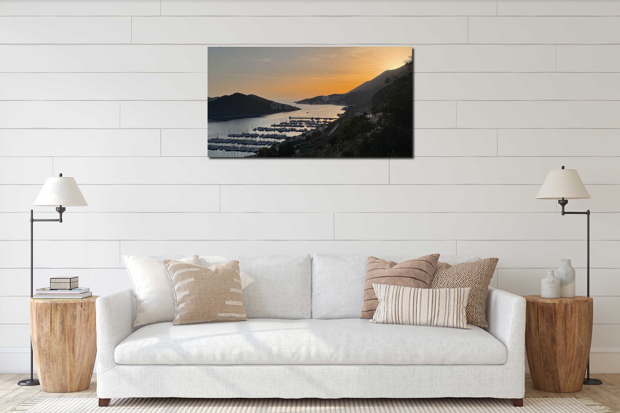 Scenic evening sunset seascape overlooking the bay near the tourist town of Kas, Turkiye, with yachts and ships in the harbor. The interior mockup