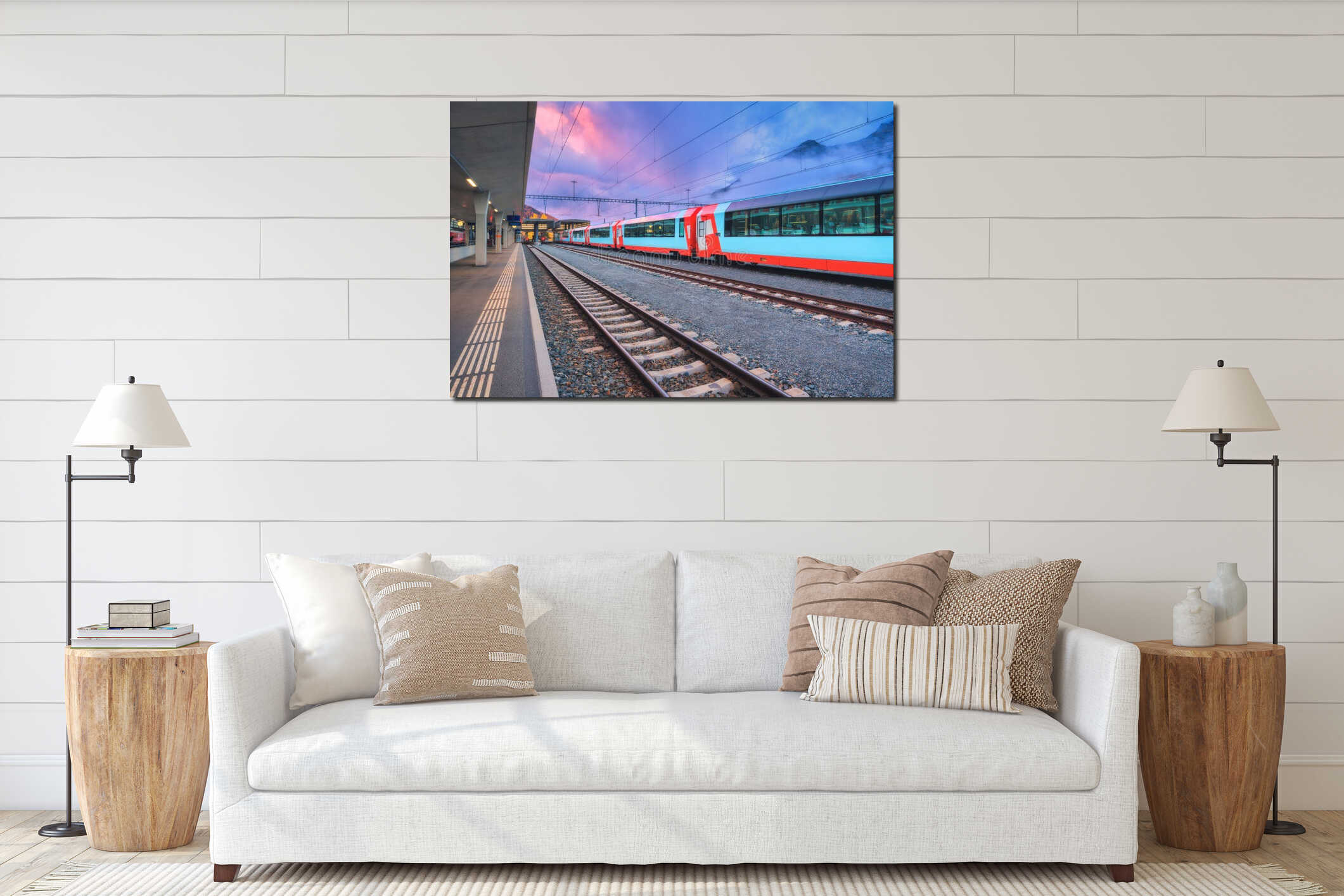 Red and blue modern passenger train standing at railway station interior mockup
