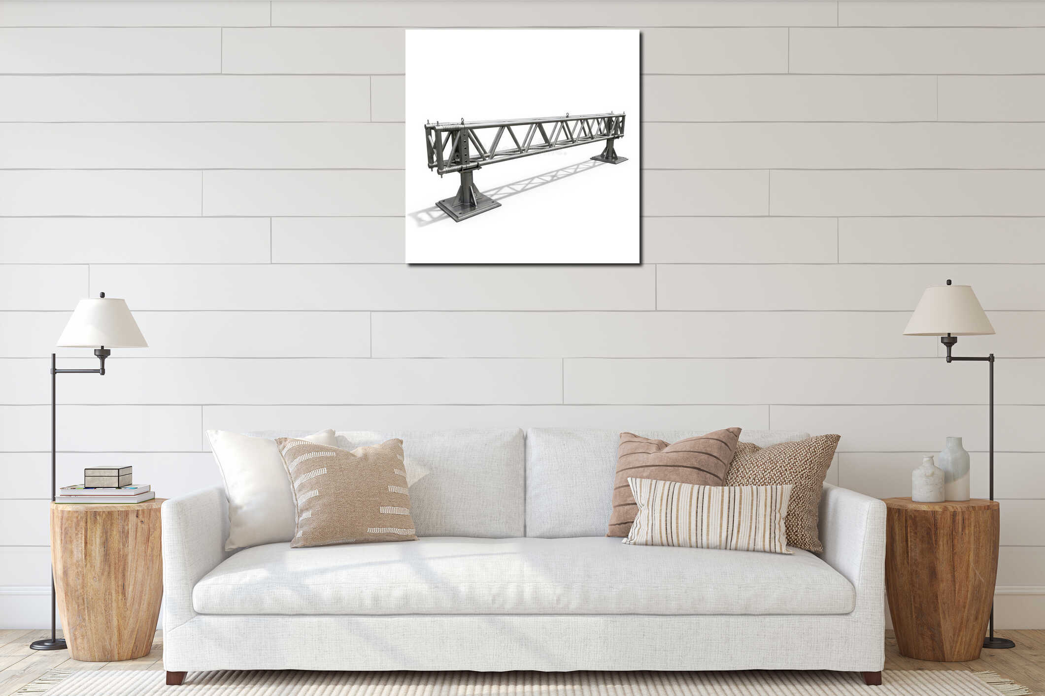 Industrial metal bridge structure with intricate truss design and sturdy supports interior mockup