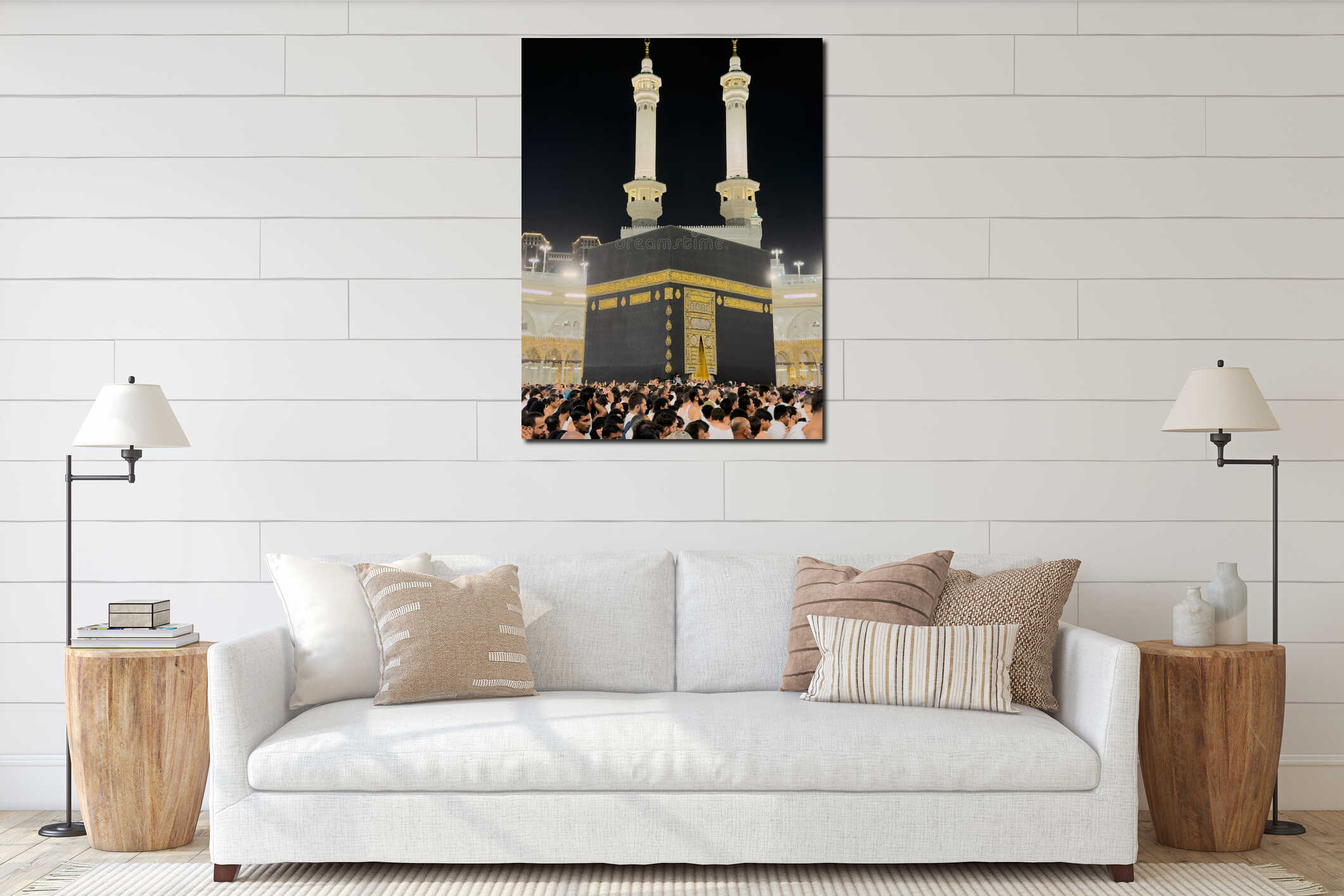 Pilgrims circumambulating the Kaaba at Masjid al-Haram in Mecca during Hajj pilgrimage at night interior mockup