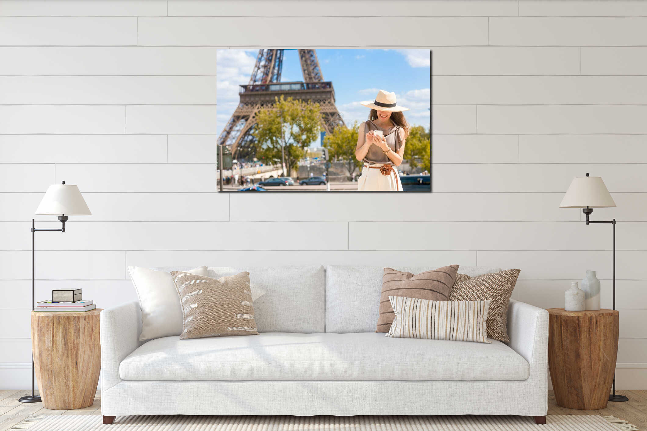 Solo Traveler Checking Phone by Eiffel Tower interior mockup