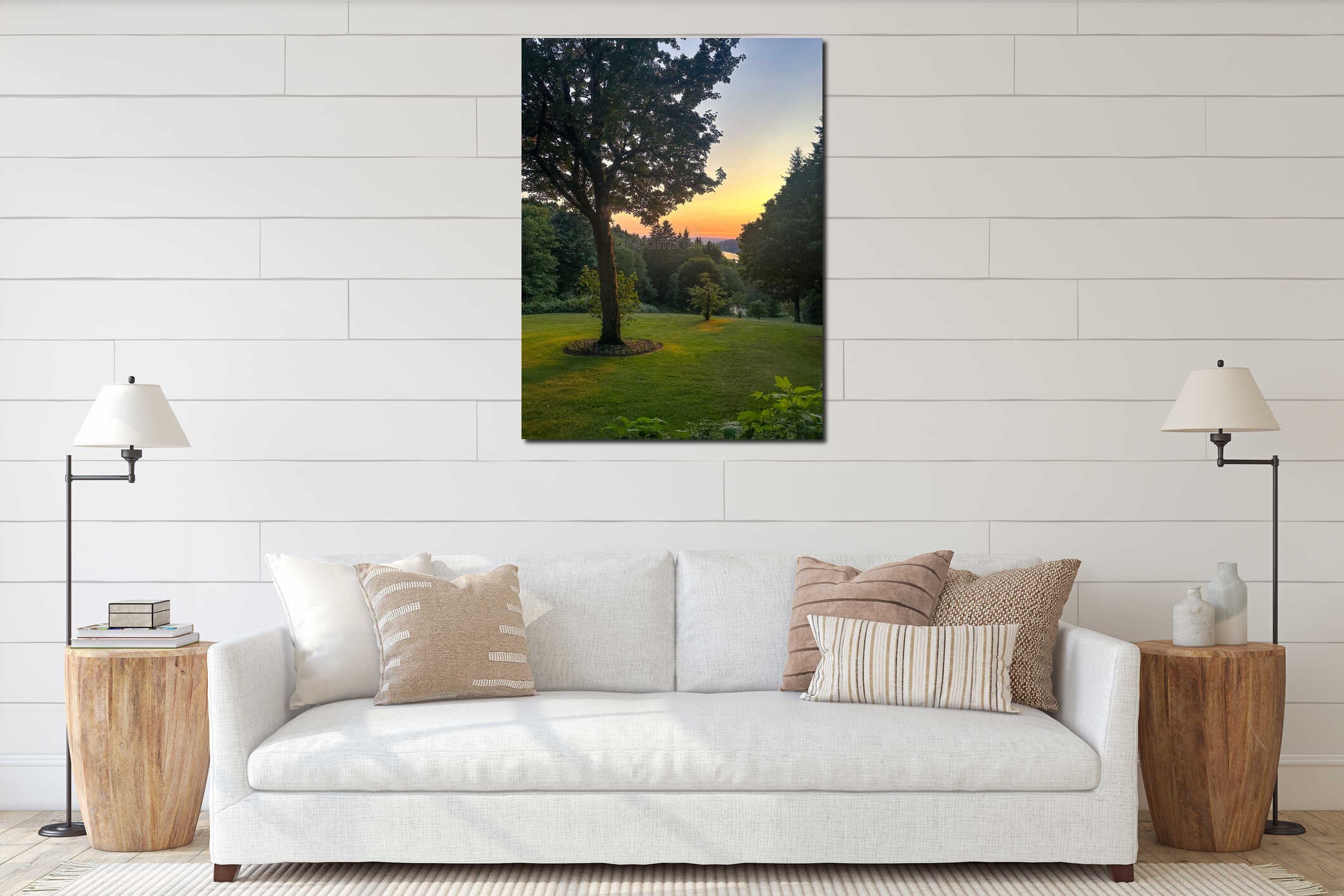 Golden Sunset Over Green Lawn and Tree with River Valley View Oregon Pacific Northwest Dusk interior mockup