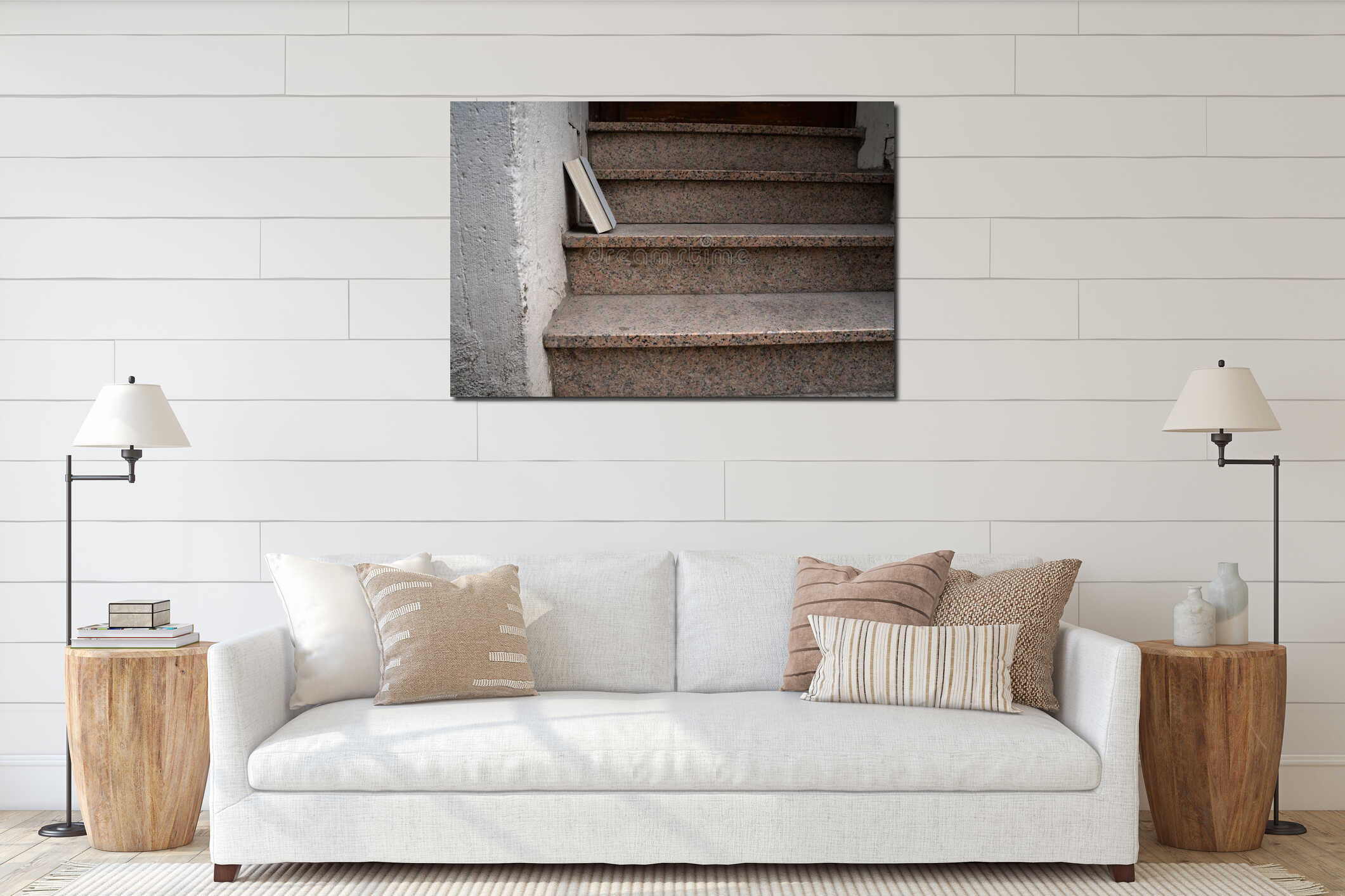 Blank grey book on marble steps leading to a front door interior mockup