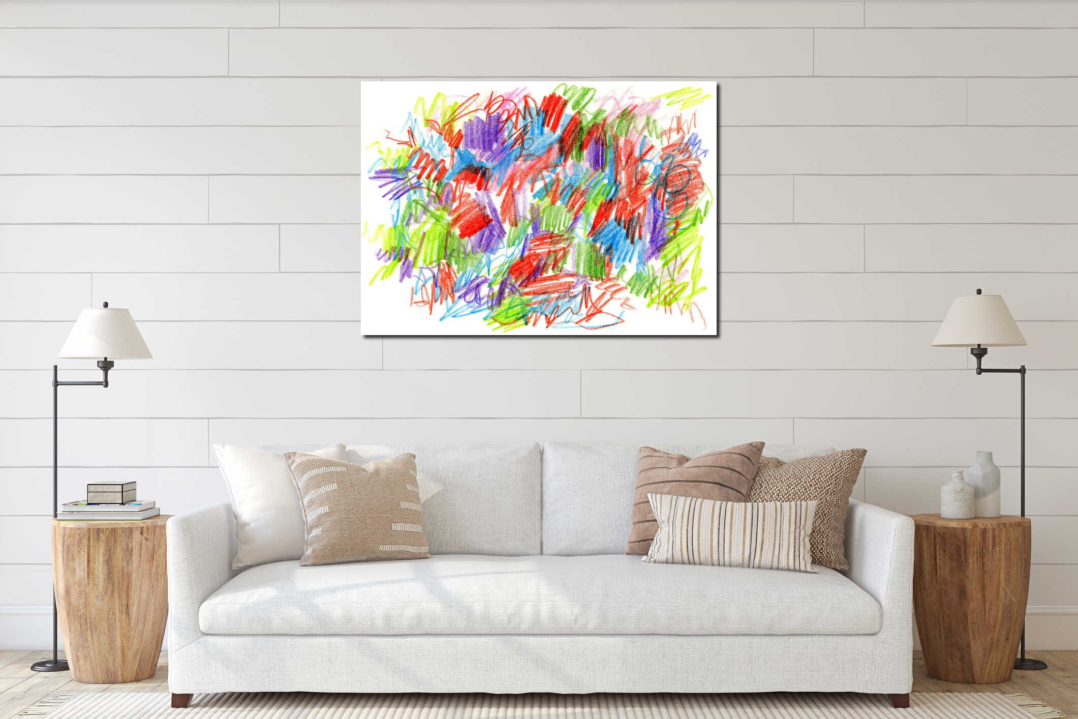 Colorful abstract crayon scribbles made by a child, chaotic hand drawn texture interior mockup