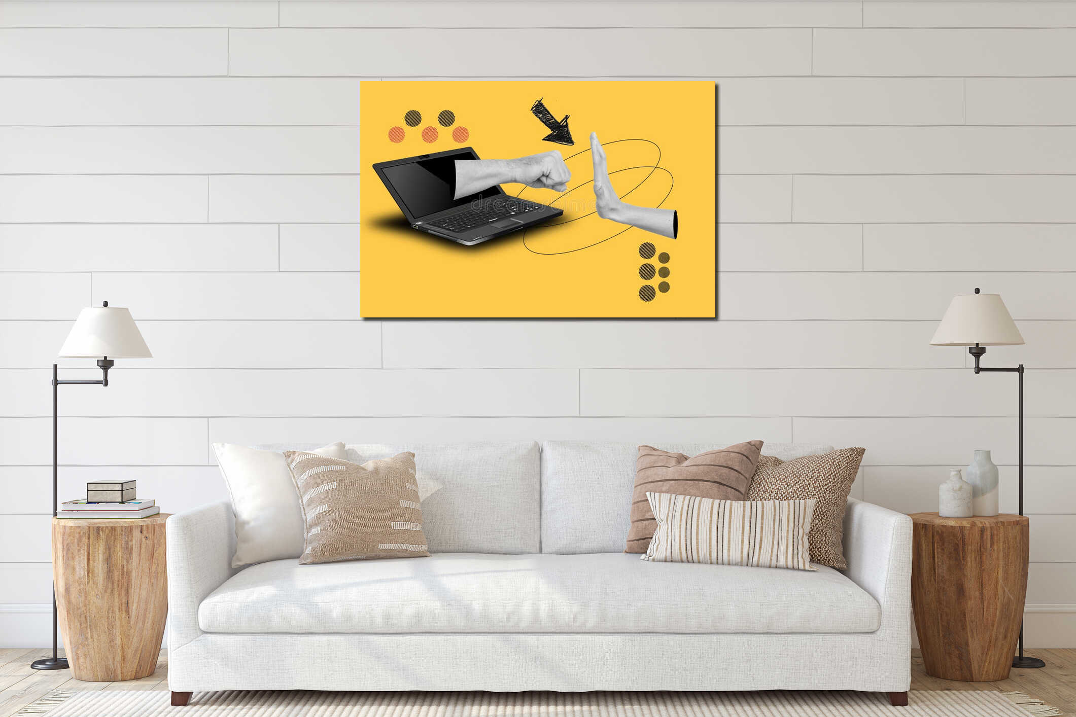 Collage of a woman hand stopping a man fist coming out of a laptop screen on a yellow background with arrows and dots interior mockup