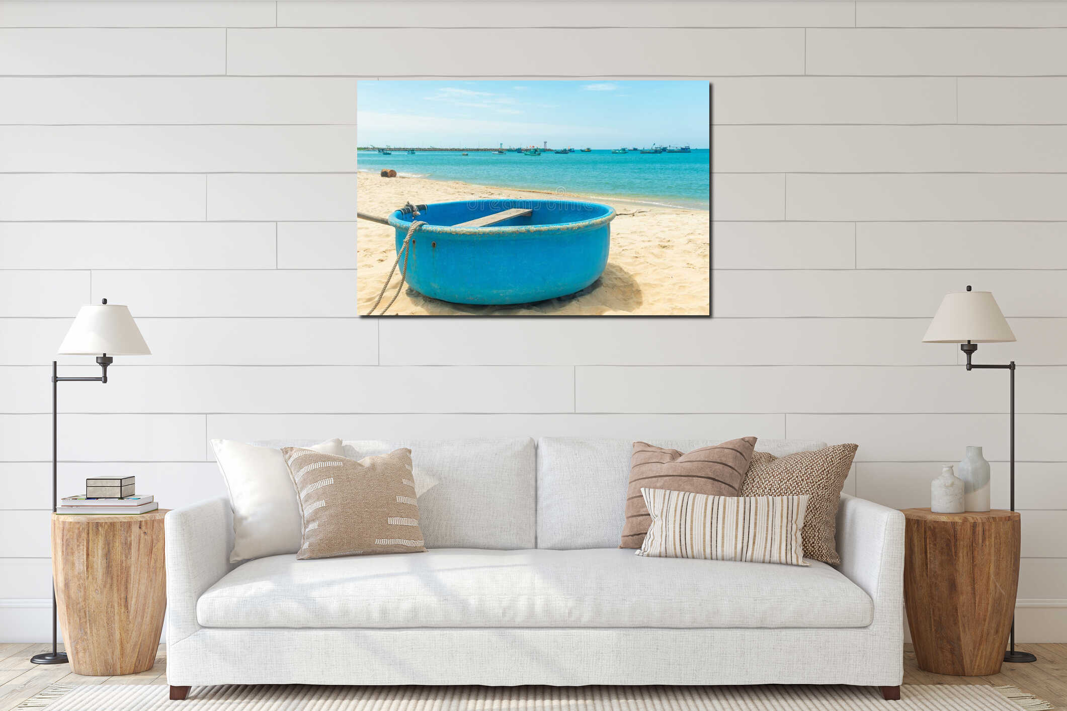 Traditional Vietnamese round basket boat on sandy tropical beach with turquoise water sea on Phu Quoc island, Vietnam interior mockup