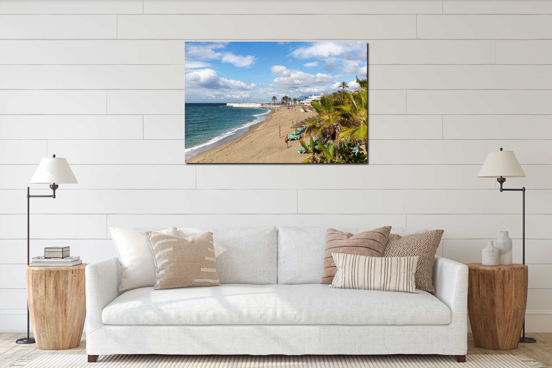 Beach in Marbella under bright sunny sky interior mockup