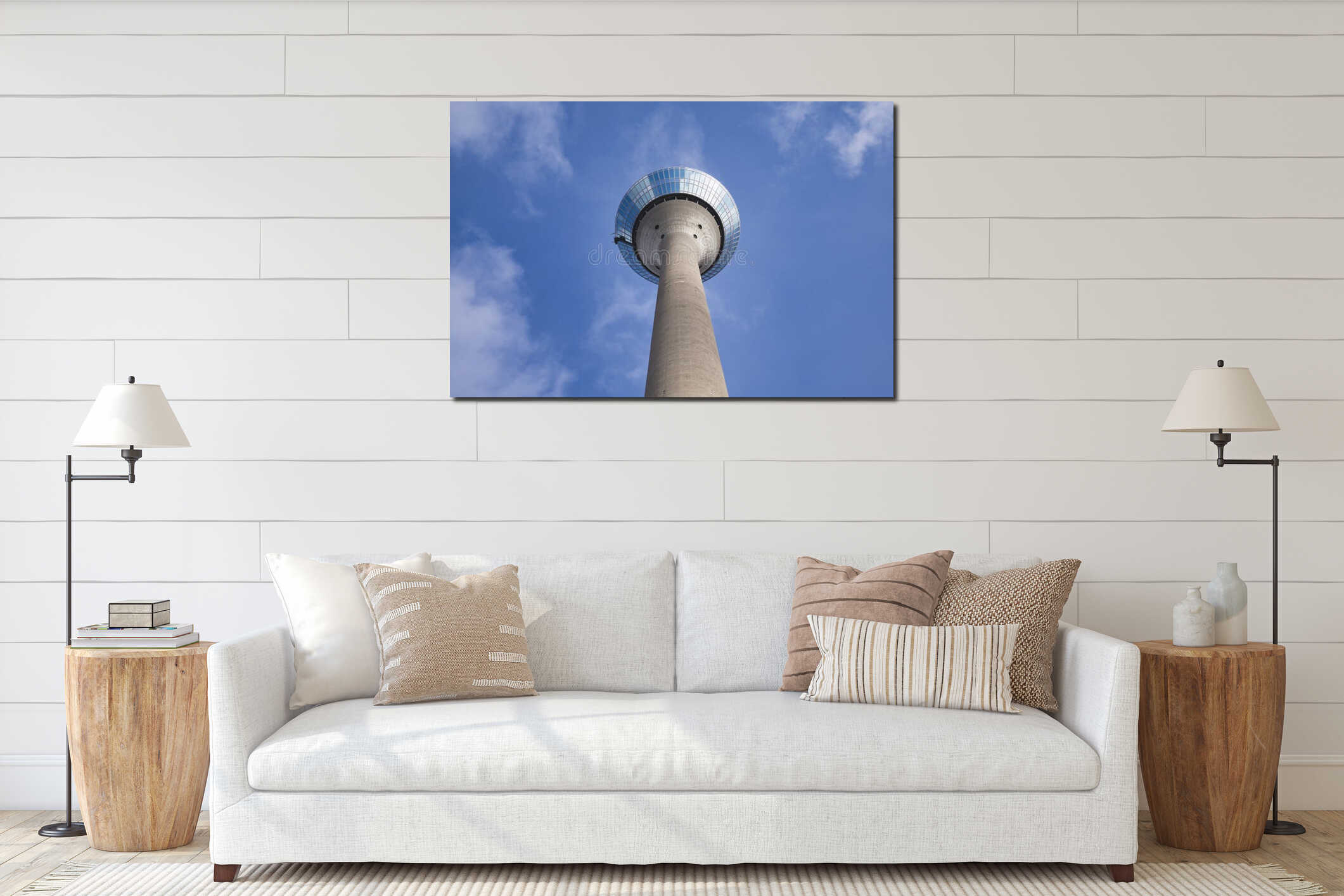 Rheinturm Dsseldorf TV Tower with clouds and blue sky from dramatic low angle perspective in Germany interior mockup