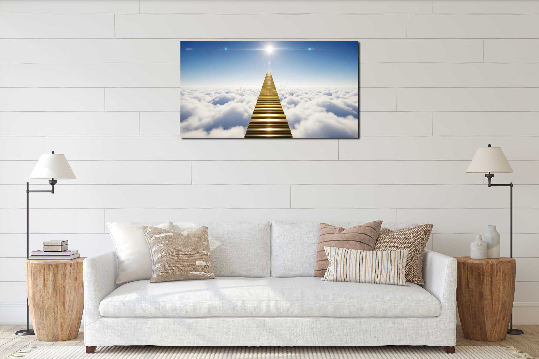 Majestic, shimmering golden stairway climbs upward, symbolizing ambition, success, progress, and spiritual ascent. interior mockup