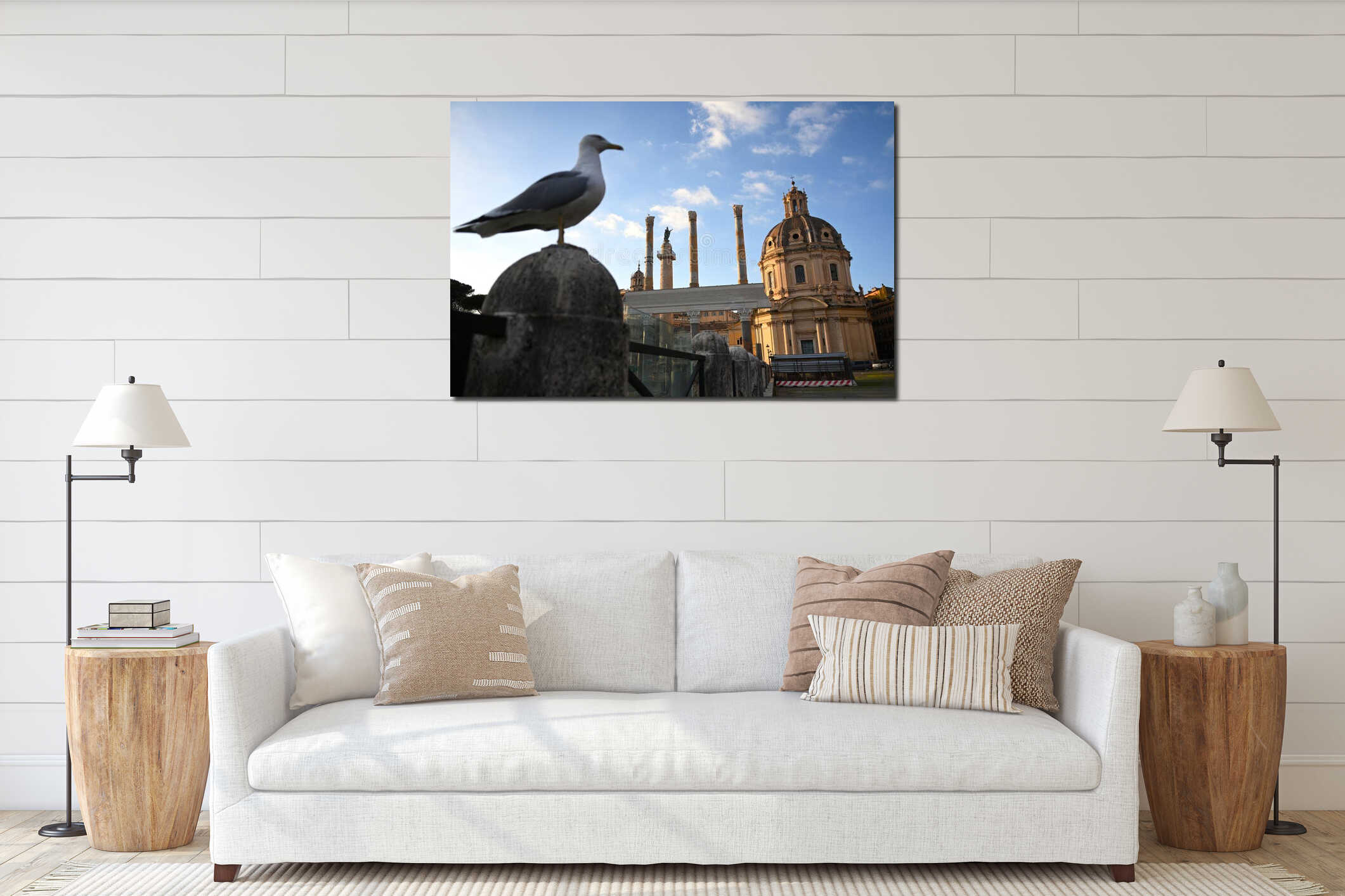 The seagull and Church of Santissimo Nome di Maria al Foro Traiano in Rome, Italy interior mockup