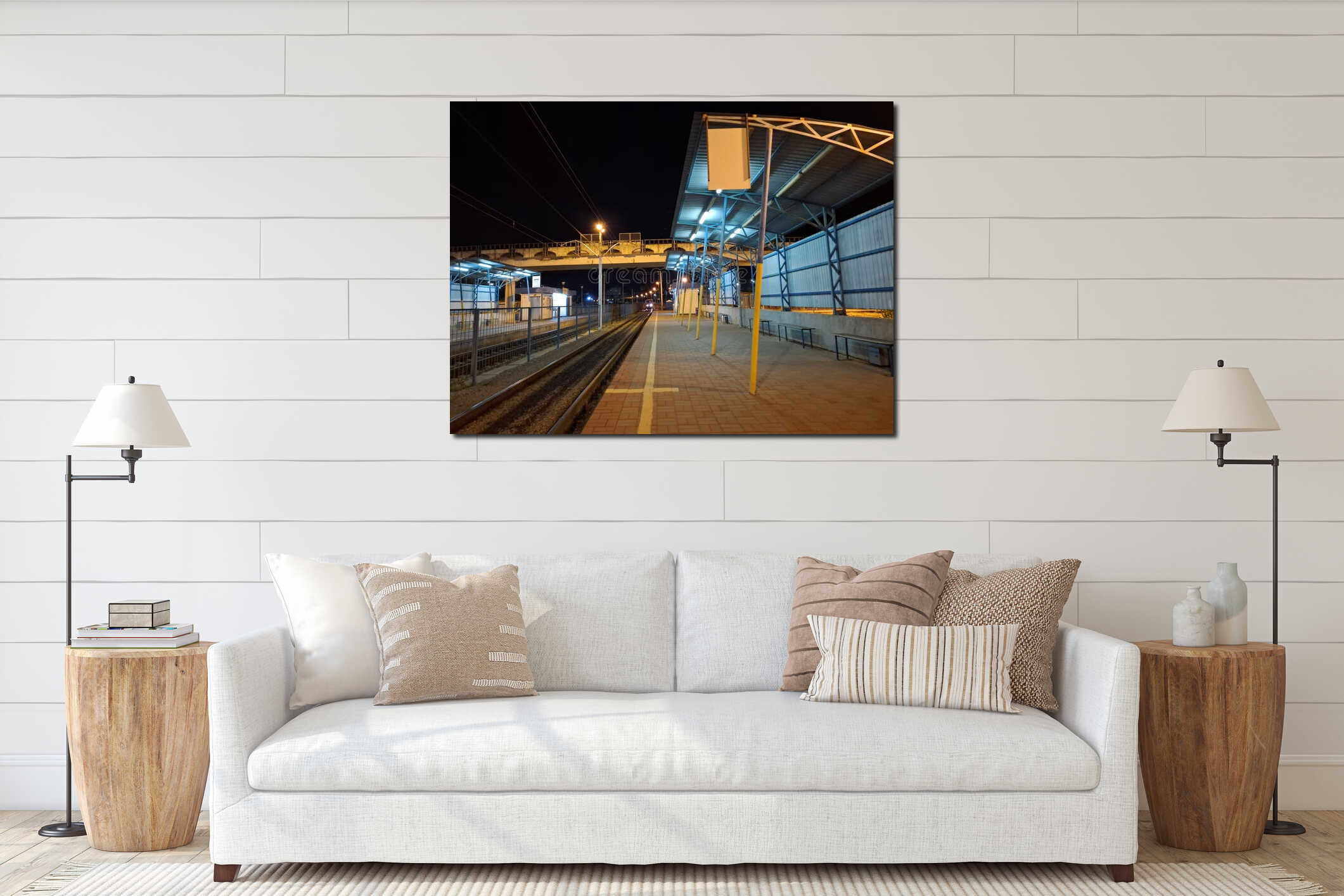 The tram arrives at the station. An empty tram stop in the evening interior mockup