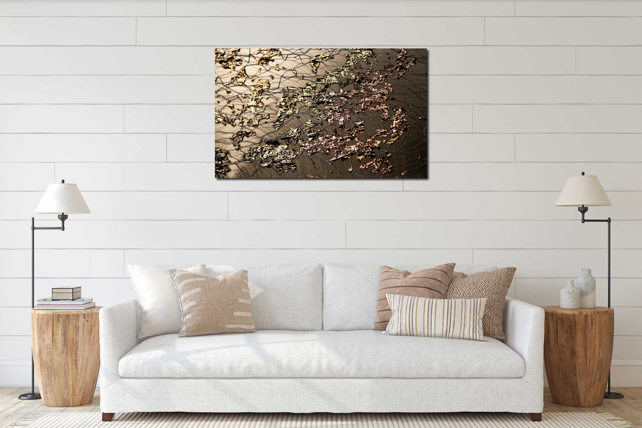 Golden nano texture in modern wallpaper. Golden nano metallic shine on surface. Golden nano gold detail for decorative art. Golden interior mockup