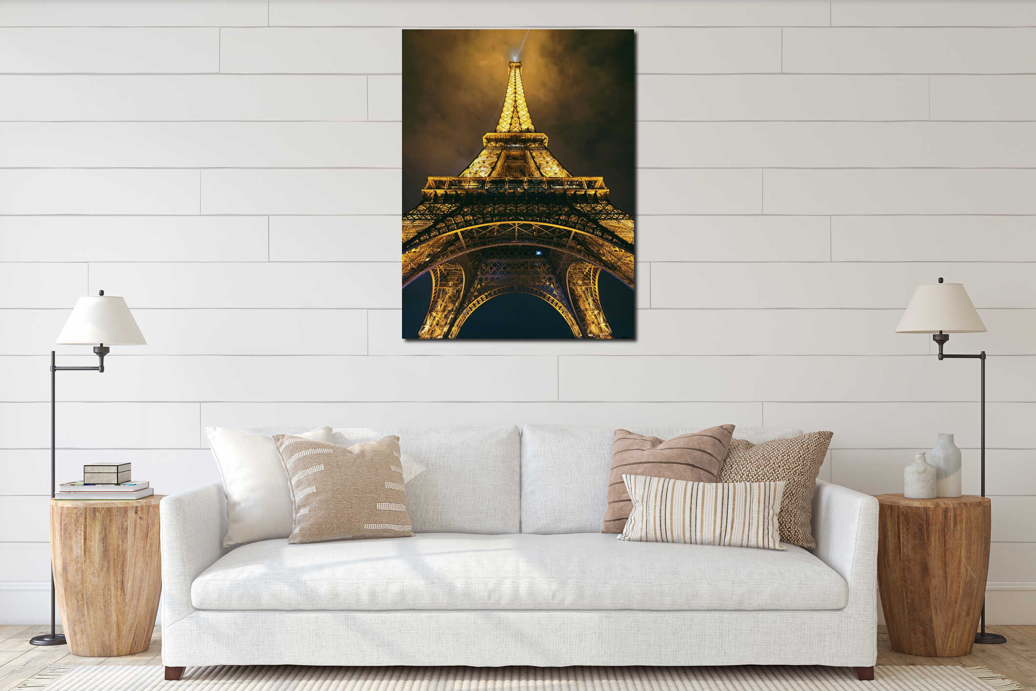 Golden illuminated Eiffel Tower at night, symmetrical low angle view interior mockup